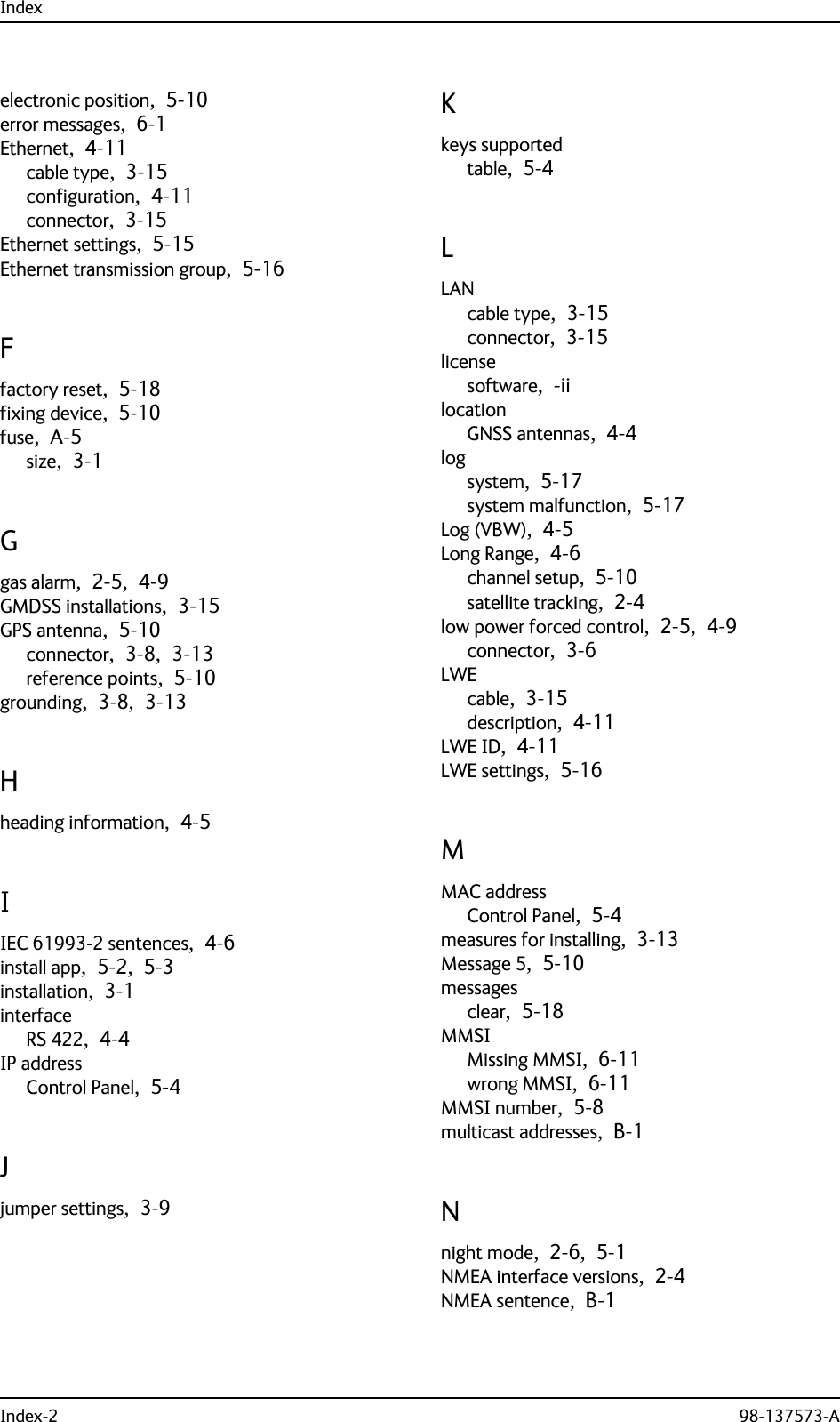 IndexIndex-2 98-137573-Aelectronic position,  5-10error messages,  6-1Ethernet,  4-11cable type,  3-15configuration,  4-11connector,  3-15Ethernet settings,  5-15Ethernet transmission group,  5-16Ffactory reset,  5-18fixing device,  5-10fuse,  A-5size,  3-1Ggas alarm,  2-5,  4-9GMDSS installations,  3-15GPS antenna,  5-10connector,  3-8,  3-13reference points,  5-10grounding,  3-8,  3-13Hheading information,  4-5IIEC 61993-2 sentences,  4-6install app,  5-2,  5-3installation,  3-1interfaceRS 422,  4-4IP addressControl Panel,  5-4Jjumper settings,  3-9Kkeys supportedtable,  5-4LLANcable type,  3-15connector,  3-15licensesoftware,  -iilocationGNSS antennas,  4-4logsystem,  5-17system malfunction,  5-17Log (VBW),  4-5Long Range,  4-6channel setup,  5-10satellite tracking,  2-4low power forced control,  2-5,  4-9connector,  3-6LWEcable,  3-15description,  4-11LWE ID,  4-11LWE settings,  5-16MMAC addressControl Panel,  5-4measures for installing,  3-13Message 5,  5-10messagesclear,  5-18MMSIMissing MMSI,  6-11wrong MMSI,  6-11MMSI number,  5-8multicast addresses,  B-1Nnight mode,  2-6,  5-1NMEA interface versions,  2-4NMEA sentence,  B-1