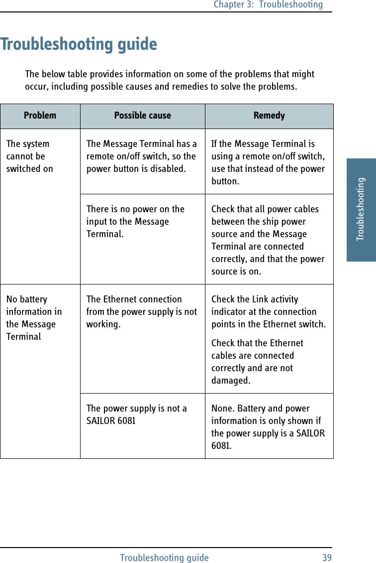 Chapter 3:  TroubleshootingTroubleshooting guide 393333TroubleshootingTroubleshooting guideThe below table provides information on some of the problems that might occur, including possible causes and remedies to solve the problems.Problem Possible cause RemedyThe system cannot be switched onThe Message Terminal has a remote on/off switch, so the power button is disabled.If the Message Terminal is using a remote on/off switch, use that instead of the power button.There is no power on the input to the Message Terminal.Check that all power cables between the ship power source and the Message Terminal are connected correctly, and that the power source is on.No battery information in the Message TerminalThe Ethernet connection from the power supply is not working.Check the Link activity indicator at the connection points in the Ethernet switch.Check that the Ethernet cables are connected correctly and are not damaged.The power supply is not a SAILOR 6081None. Battery and power information is only shown if the power supply is a SAILOR 6081.