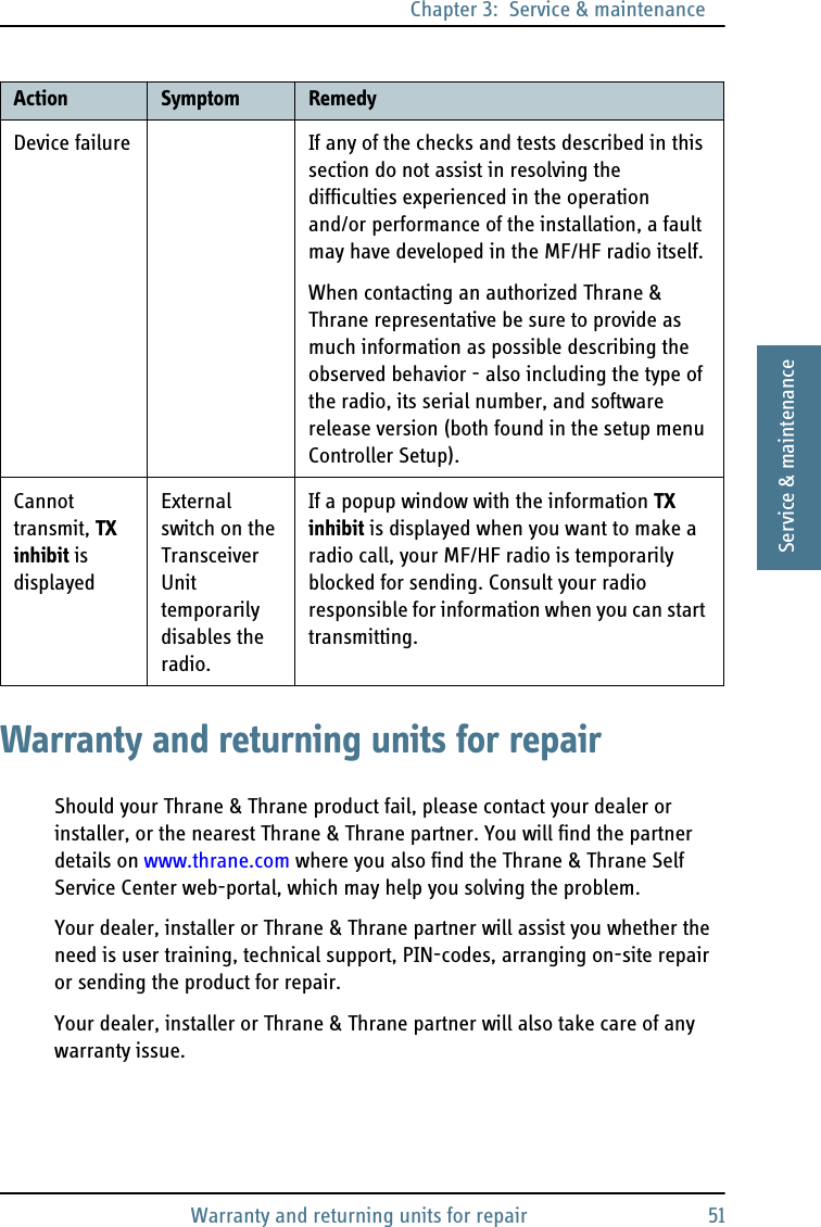 Chapter 3:  Service &amp; maintenanceWarranty and returning units for repair 513333Service &amp; maintenanceWarranty and returning units for repairShould your Thrane &amp; Thrane product fail, please contact your dealer or installer, or the nearest Thrane &amp; Thrane partner. You will find the partner details on www.thrane.com where you also find the Thrane &amp; Thrane Self Service Center web-portal, which may help you solving the problem.Your dealer, installer or Thrane &amp; Thrane partner will assist you whether the need is user training, technical support, PIN-codes, arranging on-site repair or sending the product for repair.Your dealer, installer or Thrane &amp; Thrane partner will also take care of any warranty issue.Device failure If any of the checks and tests described in this section do not assist in resolving the difficulties experienced in the operation and/or performance of the installation, a fault may have developed in the MF/HF radio itself.When contacting an authorized Thrane &amp; Thrane representative be sure to provide as much information as possible describing the observed behavior - also including the type of the radio, its serial number, and software release version (both found in the setup menu Controller Setup).Cannot transmit, TX inhibit is displayedExternal switch on the Transceiver Unit temporarily disables the radio.If a popup window with the information TX inhibit is displayed when you want to make a radio call, your MF/HF radio is temporarily blocked for sending. Consult your radio responsible for information when you can start transmitting. Action Symptom Remedy