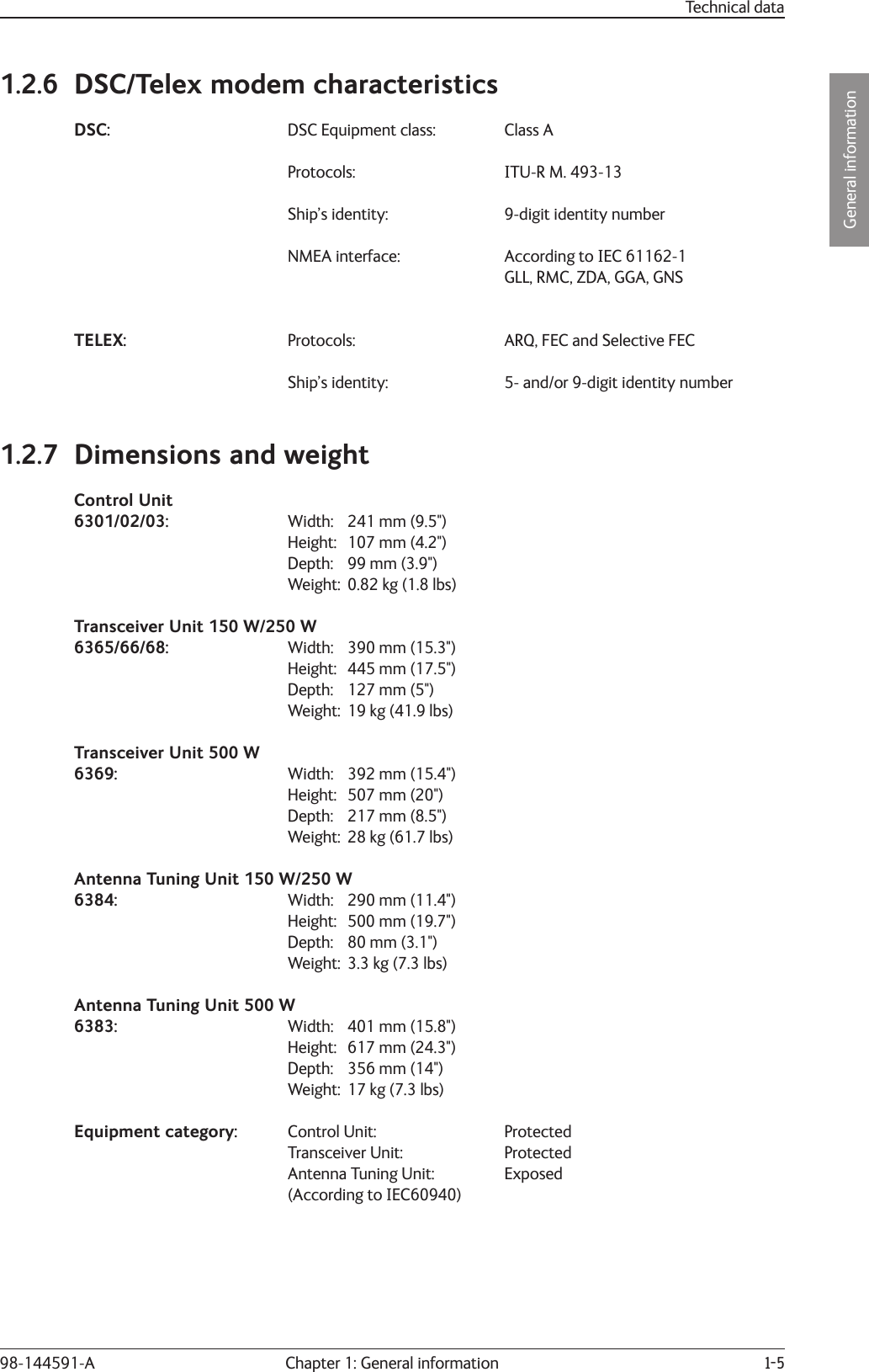 Chapter 1: General information 1-5General information98-144591-ATechnical data1.2.6  DSC/Telex modem characteristicsDSC:  DSC Equipment class:    Class A Protocols:    ITU-R M. 493-13  Ship’s identity:      9-digit identity number   NMEA interface:     According to IEC 61162-1          GLL, RMC, ZDA, GGA, GNS TELEX: Protocols:       ARQ, FEC and Selective FEC Ship’s identity:      5- and/or 9-digit identity number1.2.7  Dimensions and weightControl Unit6301/02/03:   Width:   241 mm (9.5&quot;)  Height:  107 mm (4.2&quot;)   Depth:  99 mm (3.9&quot;)  Weight:  0.82 kg (1.8 lbs)Transceiver Unit 150 W/250 W6365/66/68:   Width:  390 mm (15.3&quot;)  Height:   445 mm (17.5&quot;)   Depth:  127 mm (5&quot;)  Weight:  19 kg (41.9 lbs)Transceiver Unit 500 W6369:   Width:  392 mm (15.4&quot;)  Height:   507 mm (20&quot;)   Depth:  217 mm (8.5&quot;)  Weight:  28 kg (61.7 lbs)Antenna Tuning Unit 150 W/250 W6384:   Width:  290 mm (11.4&quot;)  Height:  500 mm (19.7&quot;)   Depth:  80 mm (3.1&quot;)  Weight:  3.3 kg (7.3 lbs)Antenna Tuning Unit 500 W6383:   Width:  401 mm (15.8&quot;)  Height:  617 mm (24.3&quot;)   Depth:  356 mm (14&quot;)  Weight:  17 kg (7.3 lbs)Equipment category:  Control Unit:     Protected  Transceiver Unit:     Protected  Antenna Tuning Unit:    Exposed  (According to IEC60940)