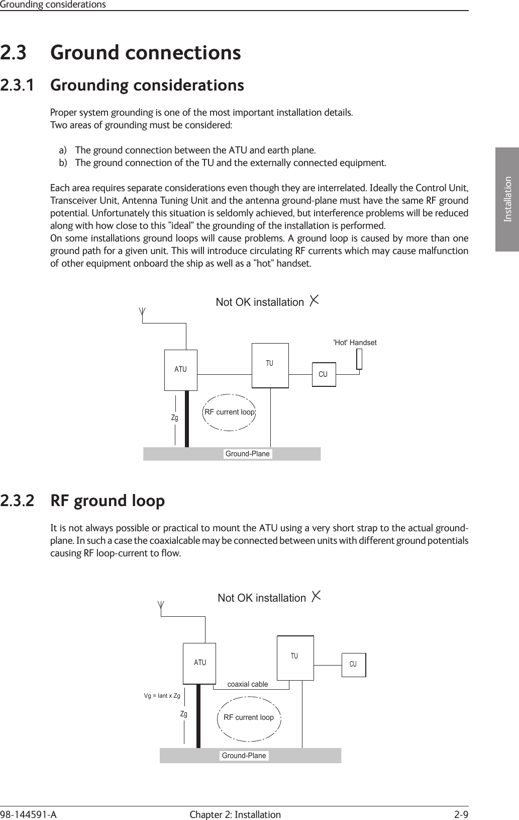 2-9Installation Chapter 2: Installation98-144591-AGrounding considerations2.3 Ground connections2.3.1 Grounding considerationsProper system grounding is one of the most important installation details.Two areas of grounding must be considered:  a)  The ground connection between the ATU and earth plane.  b)  The ground connection of the TU and the externally connected equipment.Each area requires separate considerations even though they are interrelated. Ideally the Control Unit, Transceiver Unit, Antenna Tuning Unit and the antenna ground-plane must have the same RF ground potential. Unfortunately this situation is seldomly achieved, but interference problems will be reduced along with how close to this “ideal” the grounding of the installation is performed.On some installations ground loops will cause problems. A ground loop is caused by more than one ground path for a given unit. This will introduce circulating RF currents which may cause malfunction of other equipment onboard the ship as well as a “hot” handset.ATUTUCU&apos;Hot&apos; HandsetRF current loopGround-PlaneNot OK installationZg2.3.2  RF ground loopIt is not always possible or practical to mount the ATU using a very short strap to the actual ground-plane. In such a case the coaxialcable may be connected between units with different ground potentials causing RF loop-current to ﬂ ow.ATUTUCUNot OK installationcoaxial cableRF current loopGround-PlaneZgVg = Iant x Zg