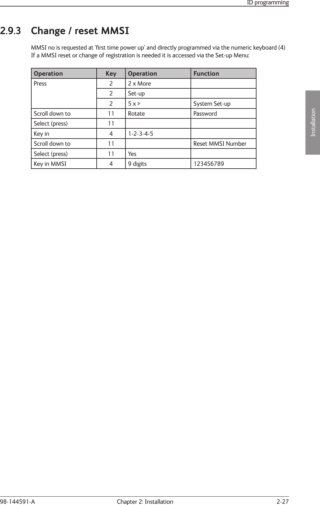 2-27Installation Chapter 2: Installation98-144591-AID programming2.9.3  Change / reset MMSIMMSI no is requested at ‘ﬁ rst time power up’ and directly programmed via the numeric keyboard (4)If a MMSI reset or change of registration is needed it is accessed via the Set-up Menu:Operation Key Operation FunctionPress 2 2 x More2 Set-up2 5 x &gt; System Set-upScroll down to  11 Rotate  PasswordSelect (press) 11Key in  4 1-2-3-4-5Scroll down to  11 Reset MMSI NumberSelect (press) 11 YesKey in MMSI  4 9 digits 123456789 