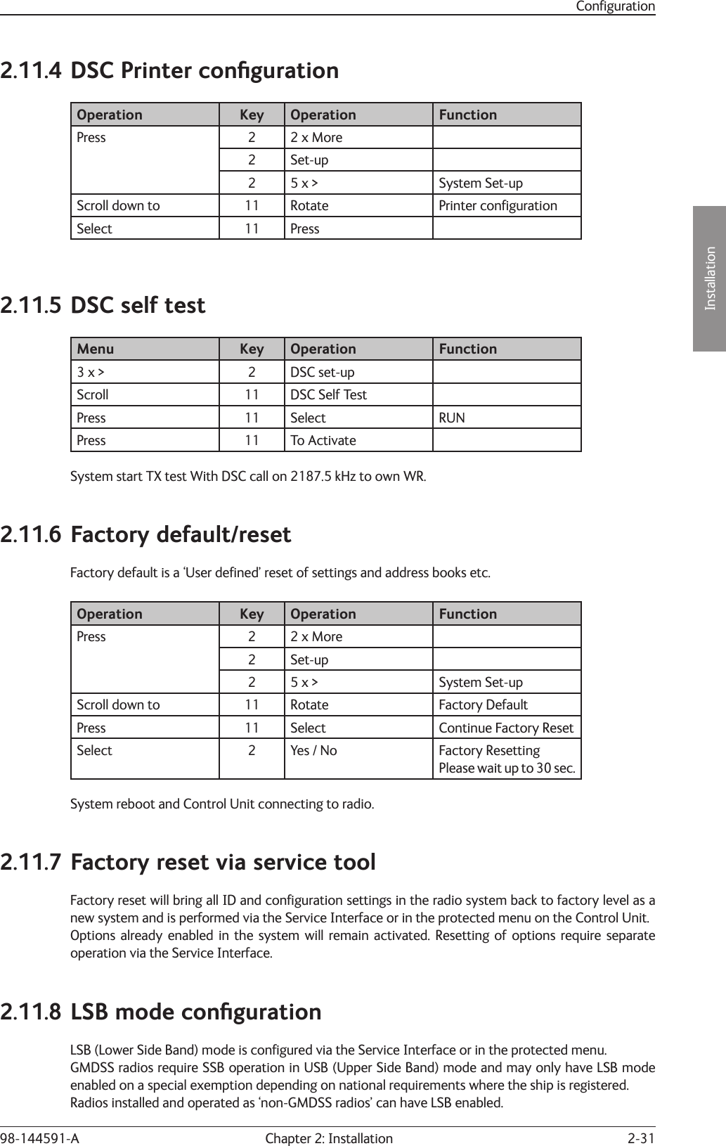 2-31Installation Chapter 2: Installation98-144591-AConﬁ guration2.11.4 DSC Printer conﬁ gurationOperation Key Operation FunctionPress 2 2 x More2 Set-up2 5 x &gt; System Set-upScroll down to  11 Rotate  Printer conﬁ gurationSelect 11 Press  2.11.5 DSC self testMenu Key Operation Function3 x &gt; 2 DSC set-upScroll 11 DSC Self TestPress 11 Select RUNPress 11 To ActivateSystem start TX test With DSC call on 2187.5 kHz to own WR.2.11.6 Factory default/resetFactory default is a ‘User deﬁ ned’ reset of settings and address books etc.Operation Key Operation FunctionPress 2 2 x More2 Set-up2 5 x &gt; System Set-upScroll down to 11 Rotate  Factory DefaultPress 11 Select Continue Factory ResetSelect  2 Yes / No Factory ResettingPlease wait up to 30 sec.System reboot and Control Unit connecting to radio.2.11.7 Factory reset via service toolFactory reset will bring all ID and conﬁ guration settings in the radio system back to factory level as a new system and is performed via the Service Interface or in the protected menu on the Control Unit.Options already enabled in the system will remain activated. Resetting of options require separate operation via the Service Interface.2.11.8 LSB mode conﬁ gurationLSB (Lower Side Band) mode is conﬁ gured via the Service Interface or in the protected menu.GMDSS radios require SSB operation in USB (Upper Side Band) mode and may only have LSB mode enabled on a special exemption depending on national requirements where the ship is registered. Radios installed and operated as ‘non-GMDSS radios’ can have LSB enabled.