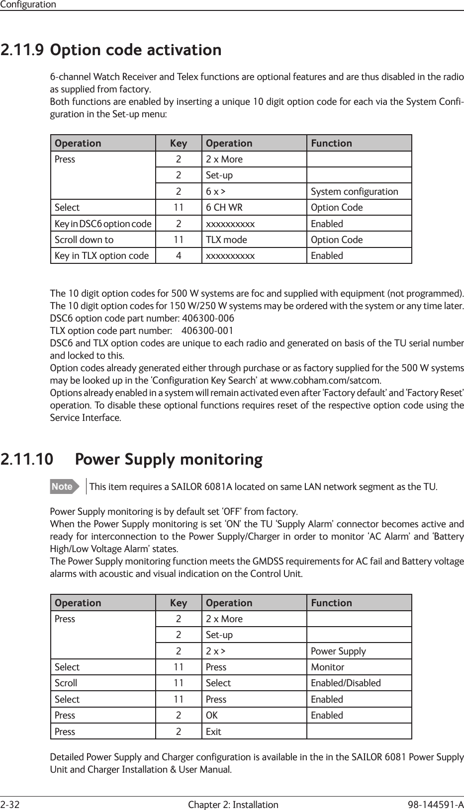 2-32  Chapter 2: Installation 98-144591-AConﬁ guration2.11.9 Option code activation6-channel Watch Receiver and Telex functions are optional features and are thus disabled in the radio as supplied from factory.Both functions are enabled by inserting a unique 10 digit option code for each via the System Conﬁ -guration in the Set-up menu:  Operation Key Operation FunctionPress 2 2 x More2 Set-up2 6 x &gt; System conﬁ gurationSelect  11 6 CH WR Option CodeKey in DSC6 option code 2 xxxxxxxxxx EnabledScroll down to  11 TLX mode Option CodeKey in TLX option code 4 xxxxxxxxxx EnabledThe 10 digit option codes for 500 W systems are foc and supplied with equipment (not programmed).The 10 digit option codes for 150 W/250 W systems may be ordered with the system or any time later.DSC6 option code part number: 406300-006TLX option code part number:    406300-001DSC6 and TLX option codes are unique to each radio and generated on basis of the TU serial number and locked to this.Option codes already generated either through purchase or as factory supplied for the 500 W systems may be looked up in the ‘Conﬁ guration Key Search’ at www.cobham.com/satcom.Options already enabled in a system will remain activated even after ‘Factory default’ and ‘Factory Reset’ operation. To disable these optional functions requires reset of the respective option code using the Service Interface.2.11.10  Power Supply monitoring  This item requires a SAILOR 6081A located on same LAN network segment as the TU.Power Supply monitoring is by default set ‘OFF’ from factory.When the Power Supply monitoring is set ‘ON’ the TU ‘Supply Alarm’ connector becomes active and ready for interconnection to the Power Supply/Charger in order to monitor ‘AC Alarm’ and ‘Battery High/Low Voltage Alarm’ states.The Power Supply monitoring function meets the GMDSS requirements for AC fail and Battery voltage alarms with acoustic and visual indication on the Control Unit.Operation Key Operation FunctionPress 2 2 x More2 Set-up2 2 x &gt; Power SupplySelect 11 Press MonitorScroll 11 Select Enabled/DisabledSelect 11 Press EnabledPress 2 OK EnabledPress 2 ExitDetailed Power Supply and Charger conﬁ guration is available in the in the SAILOR 6081 Power Supply Unit and Charger Installation &amp; User Manual.