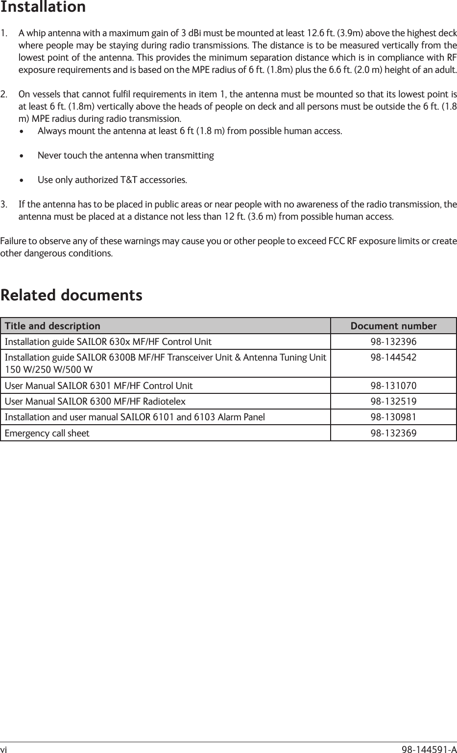 98-144591-AviInstallation1.  A whip antenna with a maximum gain of 3 dBi must be mounted at least 12.6 ft. (3.9m) above the highest deck where people may be staying during radio transmissions. The distance is to be measured vertically from the lowest point of the antenna. This provides the minimum separation distance which is in compliance with RF exposure requirements and is based on the MPE radius of 6 ft. (1.8m) plus the 6.6 ft. (2.0 m) height of an adult.2.  On vessels that cannot fulﬁ l requirements in item 1, the antenna must be mounted so that its lowest point is at least 6 ft. (1.8m) vertically above the heads of people on deck and all persons must be outside the 6 ft. (1.8 m) MPE radius during radio transmission.•  Always mount the antenna at least 6 ft (1.8 m) from possible human access.•  Never touch the antenna when transmitting•  Use only authorized T&amp;T accessories.3.  If the antenna has to be placed in public areas or near people with no awareness of the radio transmission, the antenna must be placed at a distance not less than 12 ft. (3.6 m) from possible human access.Failure to observe any of these warnings may cause you or other people to exceed FCC RF exposure limits or create other dangerous conditions.Related documentsTitle and description Document numberInstallation guide SAILOR 630x MF/HF Control Unit 98-132396Installation guide SAILOR 6300B MF/HF Transceiver Unit &amp; Antenna Tuning Unit 150 W/250 W/500 W98-144542User Manual SAILOR 6301 MF/HF Control Unit 98-131070User Manual SAILOR 6300 MF/HF Radiotelex 98-132519Installation and user manual SAILOR 6101 and 6103 Alarm Panel 98-130981Emergency call sheet 98-132369