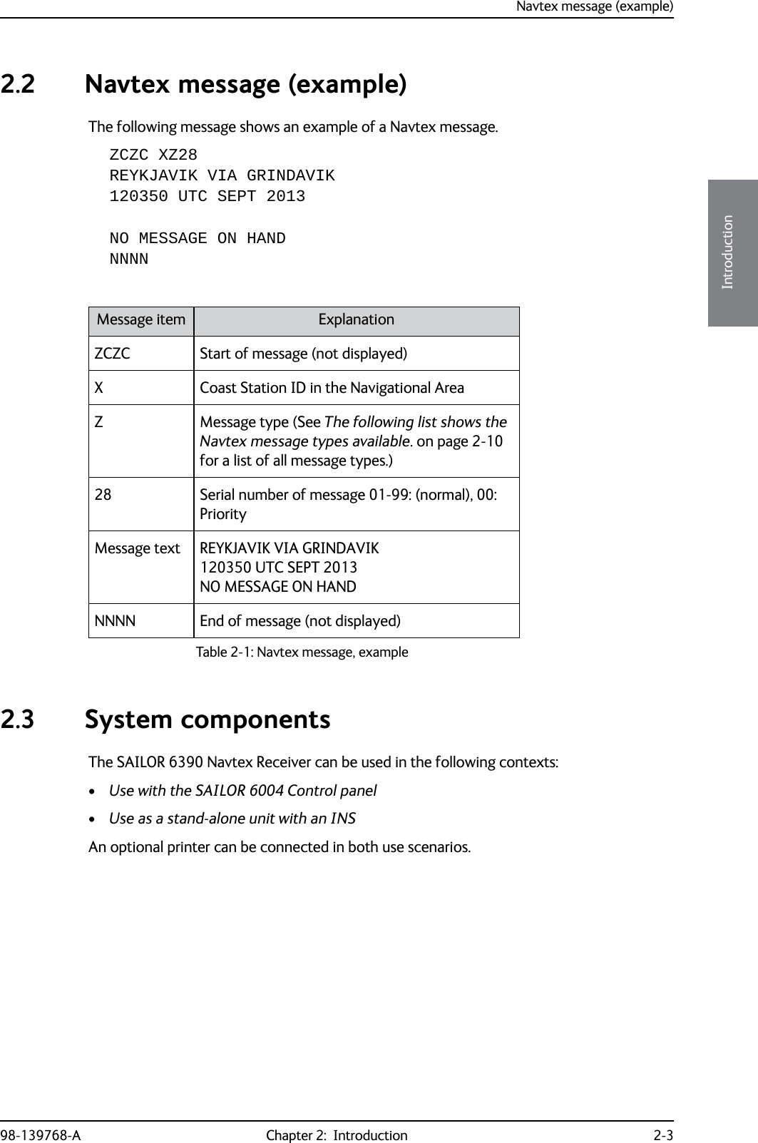 Navtex message (example)98-139768-A Chapter 2:  Introduction 2-32222Introduction2.2 Navtex message (example)The following message shows an example of a Navtex message.ZCZC XZ28REYKJAVIK VIA GRINDAVIK 120350 UTC SEPT 2013 NO MESSAGE ON HAND NNNN 2.3 System componentsThe SAILOR 6390 Navtex Receiver can be used in the following contexts:•Use with the SAILOR 6004 Control panel•Use as a stand-alone unit with an INSAn optional printer can be connected in both use scenarios.Message item ExplanationZCZC Start of message (not displayed)X Coast Station ID in the Navigational AreaZ Message type (See The following list shows the Navtex message types available. on page 2-10 for a list of all message types.)28 Serial number of message 01-99: (normal), 00: PriorityMessage text REYKJAVIK VIA GRINDAVIK120350 UTC SEPT 2013 NO MESSAGE ON HAND NNNN End of message (not displayed)Table 2-1: Navtex message, example 