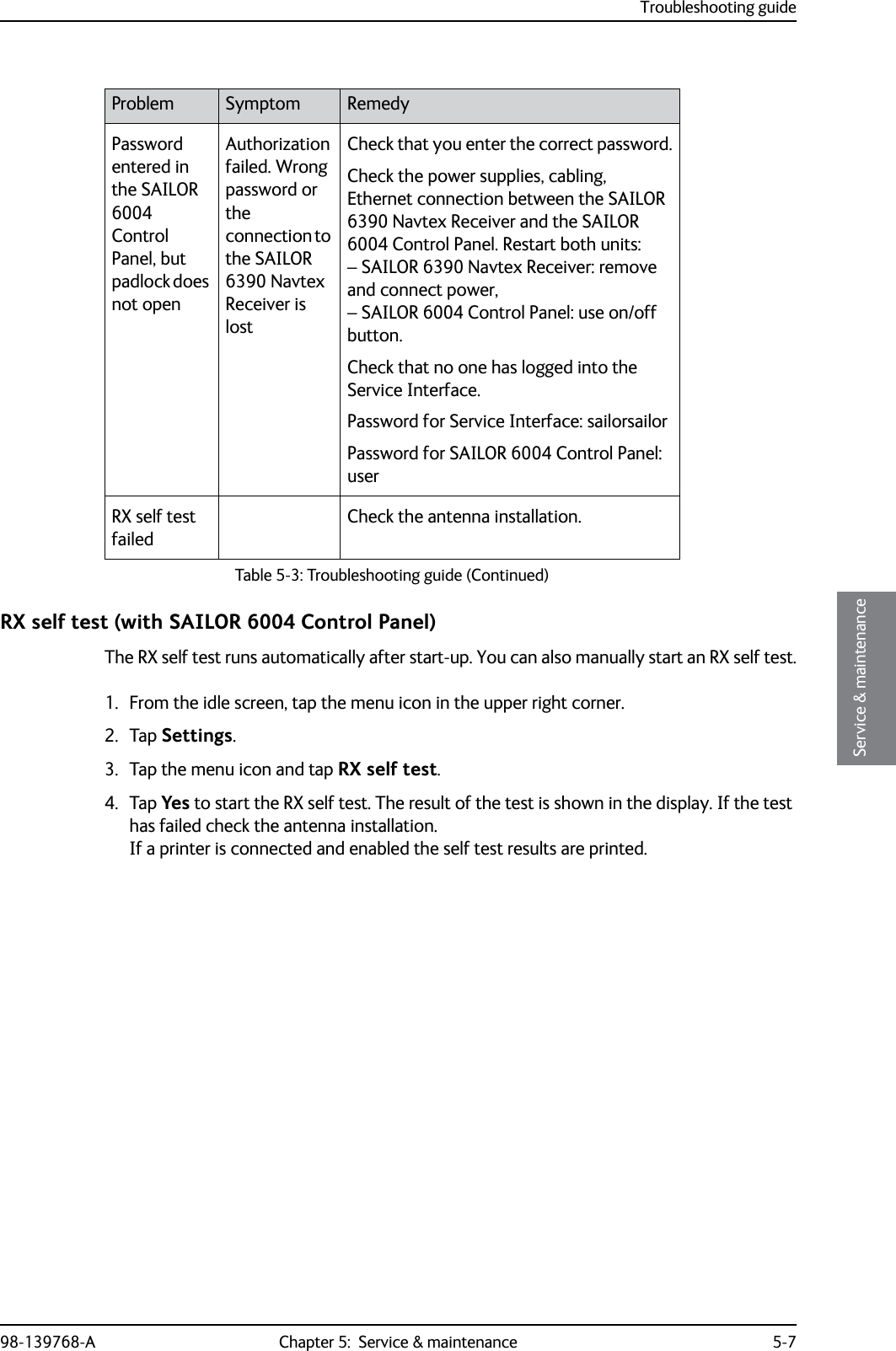 Troubleshooting guide98-139768-A Chapter 5:  Service &amp; maintenance 5-75555Service &amp; maintenanceRX self test (with SAILOR 6004 Control Panel)The RX self test runs automatically after start-up. You can also manually start an RX self test.1. From the idle screen, tap the menu icon in the upper right corner.2. Tap Settings.3. Tap the menu icon and tap RX self test.4. Tap Yes to start the RX self test. The result of the test is shown in the display. If the test has failed check the antenna installation. If a printer is connected and enabled the self test results are printed. Password entered in the SAILOR 6004 Control Panel, but padlock does not openAuthorization failed. Wrong password or the connection to the SAILOR 6390 Navtex Receiver is lostCheck that you enter the correct password.Check the power supplies, cabling, Ethernet connection between the SAILOR 6390 Navtex Receiver and the SAILOR 6004 Control Panel. Restart both units: – SAILOR 6390 Navtex Receiver: remove and connect power, – SAILOR 6004 Control Panel: use on/off button.Check that no one has logged into the Service Interface.Password for Service Interface: sailorsailorPassword for SAILOR 6004 Control Panel: userRX self test failedCheck the antenna installation.Problem Symptom RemedyTable 5-3: Troubleshooting guide (Continued)