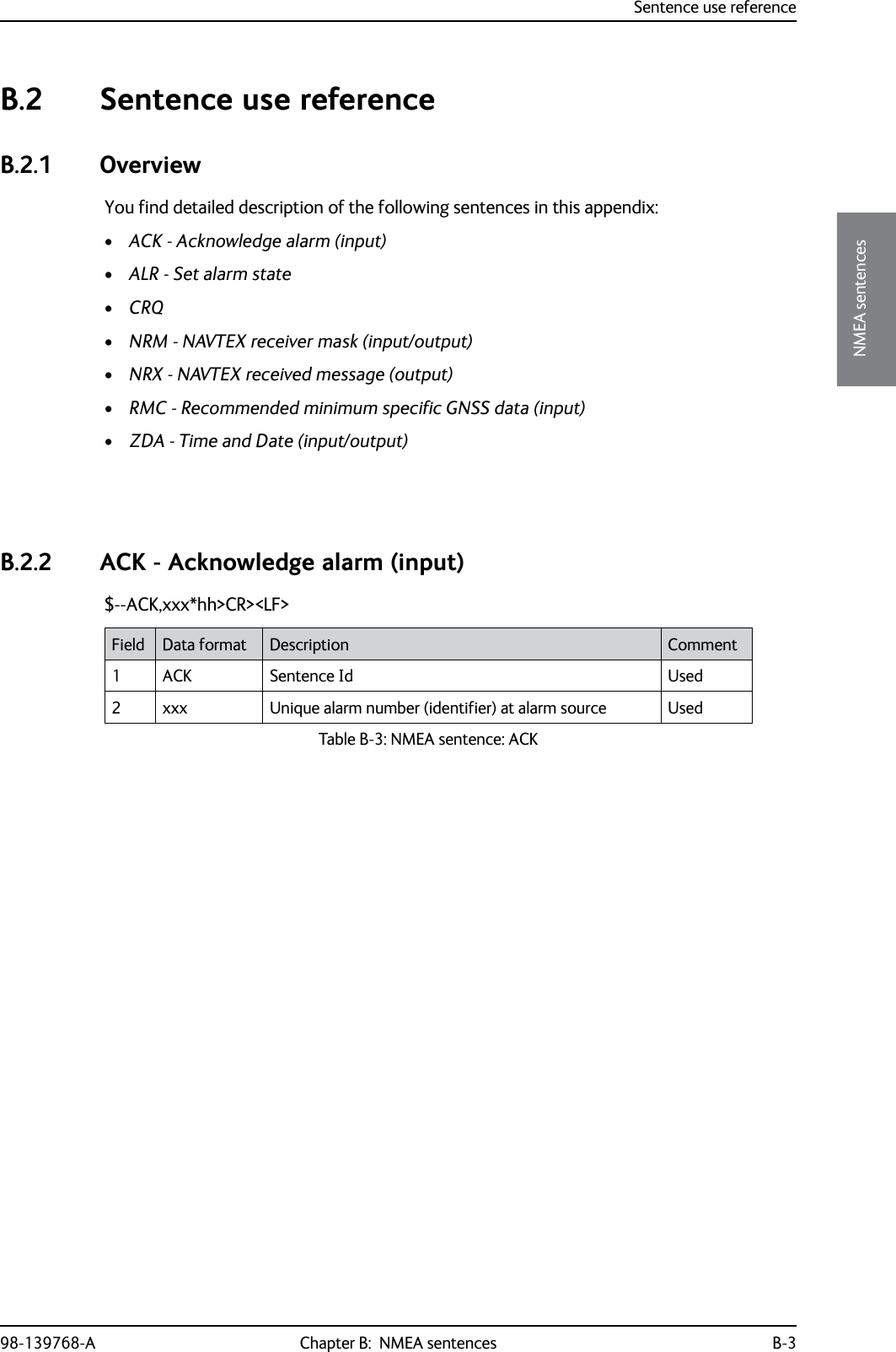 Sentence use reference98-139768-A Chapter B:  NMEA sentences B-3BBBBNMEA sentencesB.2 Sentence use referenceB.2.1 OverviewYou find detailed description of the following sentences in this appendix:•ACK - Acknowledge alarm (input)•ALR - Set alarm state•CRQ•NRM - NAVTEX receiver mask (input/output)•NRX - NAVTEX received message (output)•RMC - Recommended minimum specific GNSS data (input)•ZDA - Time and Date (input/output)B.2.2 ACK - Acknowledge alarm (input)$--ACK,xxx*hh&gt;CR&gt;&lt;LF&gt;Field Data format Description Comment1 ACK Sentence Id Used2 xxx Unique alarm number (identifier) at alarm source UsedTable B-3: NMEA sentence: ACK