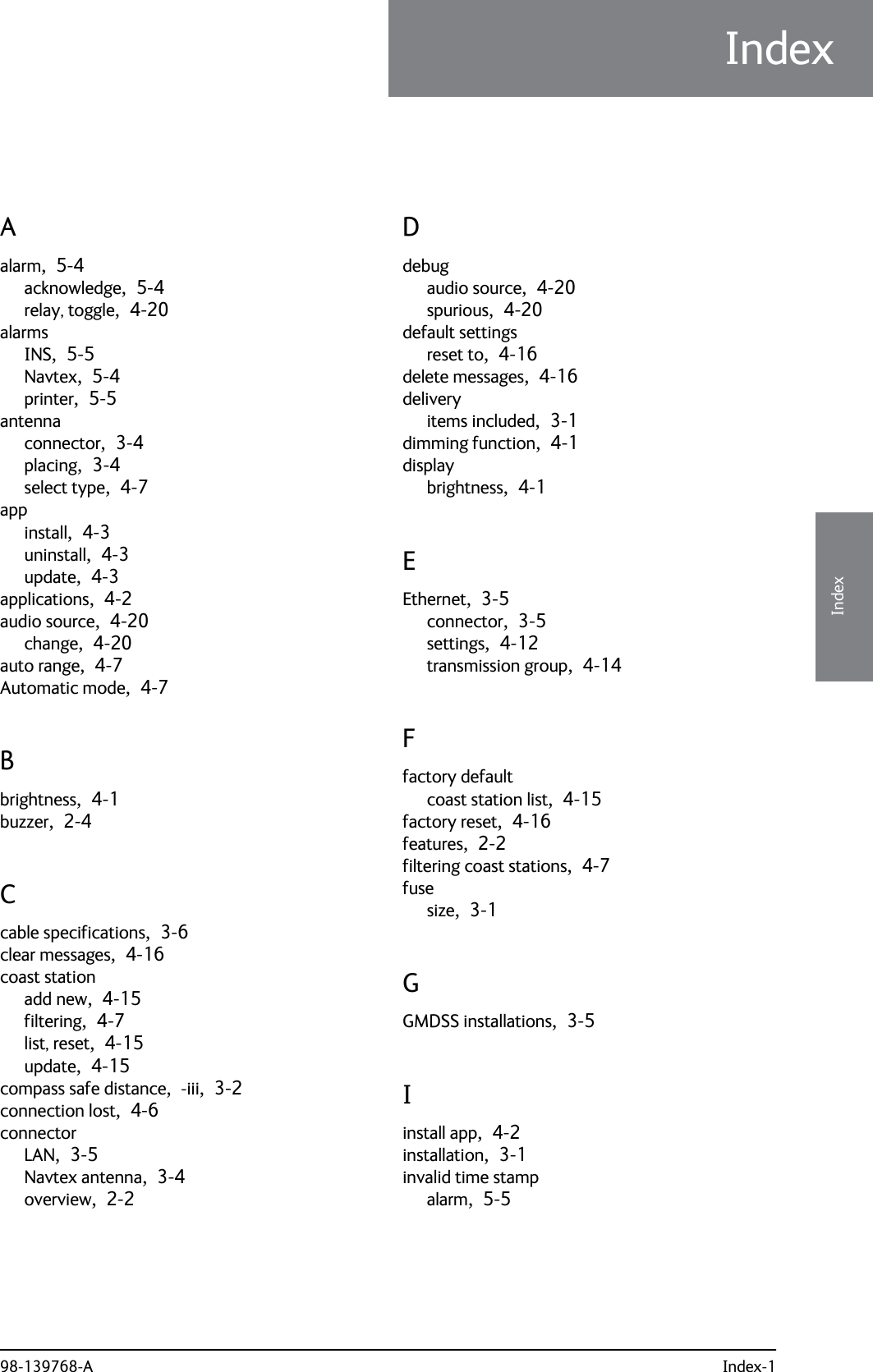 98-139768-A Index-14444IndexIndexIndex 4Aalarm,  5-4acknowledge,  5-4relay, toggle,  4-20alarmsINS,  5-5Navtex,  5-4printer,  5-5antennaconnector,  3-4placing,  3-4select type,  4-7appinstall,  4-3uninstall,  4-3update,  4-3applications,  4-2audio source,  4-20change,  4-20auto range,  4-7Automatic mode,  4-7Bbrightness,  4-1buzzer,  2-4Ccable specifications,  3-6clear messages,  4-16coast stationadd new,  4-15filtering,  4-7list, reset,  4-15update,  4-15compass safe distance,  -iii,  3-2connection lost,  4-6connectorLAN,  3-5Navtex antenna,  3-4overview,  2-2Ddebugaudio source,  4-20spurious,  4-20default settingsreset to,  4-16delete messages,  4-16deliveryitems included,  3-1dimming function,  4-1displaybrightness,  4-1EEthernet,  3-5connector,  3-5settings,  4-12transmission group,  4-14Ffactory defaultcoast station list,  4-15factory reset,  4-16features,  2-2filtering coast stations,  4-7fusesize,  3-1GGMDSS installations,  3-5Iinstall app,  4-2installation,  3-1invalid time stampalarm,  5-5
