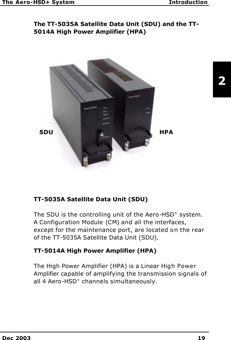   The Aero-HSD+ System Introduction    Dec 2003 19   2 The TT-5035A Satellite Data Unit (SDU) and the TT-5014A High Power Amplifier (HPA)  TT-5035A Satellite Data Unit (SDU)   The SDU is the controlling unit of the Aero-HSD+ system. A Configuration Module (CM) and all the interfaces, except for the maintenance port, are located on the rear of the TT-5035A Satellite Data Unit (SDU). TT-5014A High Power Amplifier (HPA)   The High Power Amplifier (HPA) is a Linear High Power Amplifier capable of amplifying the transmission signals of all 4 Aero-HSD+ channels simultaneously.  SDU HPA 