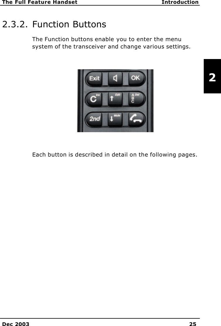   The Full Feature Handset Introduction    Dec 2003 25   2 2.3.2. Function Buttons The Function buttons enable you to enter the menu system of the transceiver and change various settings.      Each button is described in detail on the following pages. 