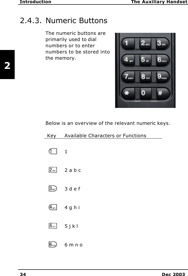   Introduction The Auxiliary Handset 34 Dec 2003   2 2.4.3. Numeric Buttons The numeric buttons are primarily used to dial numbers or to enter numbers to be stored into the memory.      Below is an overview of the relevant numeric keys.  Key Available Characters or Functions    J 1    K 2 a b c    L 3 d e f    M 4 g h i    N 5 j k l    O 6 m n o 