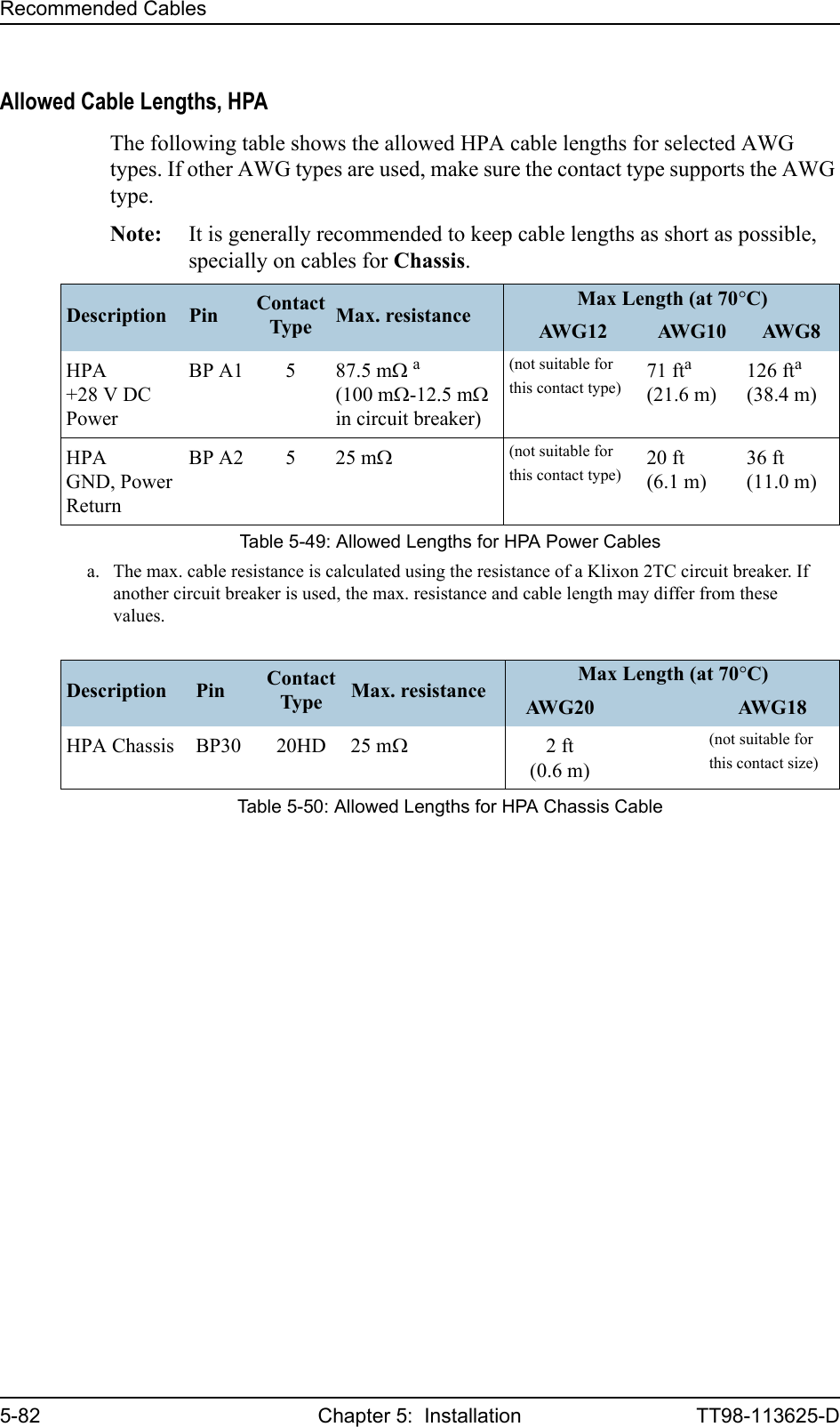 Recommended Cables5-82 Chapter 5:  Installation TT98-113625-DAllowed Cable Lengths, HPAThe following table shows the allowed HPA cable lengths for selected AWG types. If other AWG types are used, make sure the contact type supports the AWG type.Note: It is generally recommended to keep cable lengths as short as possible, specially on cables for Chassis.Description Pin Contact Type Max. resistance Max Length (at 70°C)AW G 1 2 AW G 1 0 AW G 8HPA +28 V DC PowerBP A1 5 87.5 mΩ a(100 mΩ-12.5 mΩ in circuit breaker)a. The max. cable resistance is calculated using the resistance of a Klixon 2TC circuit breaker. If another circuit breaker is used, the max. resistance and cable length may differ from these values.(not suitable for this contact type)71 fta(21.6 m)126 fta(38.4 m)HPA GND, Power ReturnBP A2 5 25 mΩ(not suitable for this contact type)20 ft(6.1 m)36 ft(11.0 m)Table 5-49: Allowed Lengths for HPA Power CablesDescription Pin Contact Type Max. resistance Max Length (at 70°C)AW G 2 0 AW G 1 8HPA Chassis BP30 20HD 25 mΩ2ft(0.6 m)(not suitable for this contact size)Table 5-50: Allowed Lengths for HPA Chassis Cable
