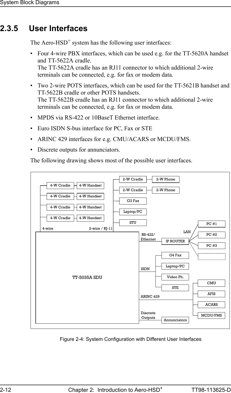 System Block Diagrams2-12 Chapter 2:  Introduction to Aero-HSD+TT98-113625-D2.3.5 User InterfacesThe Aero-HSD+ system has the following user interfaces:• Four 4-wire PBX interfaces, which can be used e.g. for the TT-5620A handset and TT-5622A cradle.The TT-5622A cradle has an RJ11 connector to which additional 2-wire terminals can be connected, e.g. for fax or modem data. • Two 2-wire POTS interfaces, which can be used for the TT-5621B handset and TT-5622B cradle or other POTS handsets. The TT-5622B cradle has an RJ11 connector to which additional 2-wire terminals can be connected, e.g. for fax or modem data.• MPDS via RS-422 or 10BaseT Ethernet interface.• Euro ISDN S-bus interface for PC, Fax or STE• ARINC 429 interfaces for e.g. CMU/ACARS or MCDU/FMS.• Discrete outputs for annunciators.The following drawing shows most of the possible user interfaces. Figure 2-4: System Configuration with Different User Interfaces4-W CradleTT-5035A SDU2-W CradleG3 FaxLaptop/PCSTUG4 FaxLaptop/PCVideo Ph.STECMUAFISACARSMCDU/FMSPC #1PC #2PC #3IP ROUTER2-wire / RJ-11ISDNRS-422/EthernetLANARINC 4292-W Cradle4-wire2-W Phone2-W Phone4-W Cradle 4-W Handset4-W Handset4-W Cradle 4-W Handset4-W Cradle 4-W HandsetAnnunciatorsDiscreteOutputs