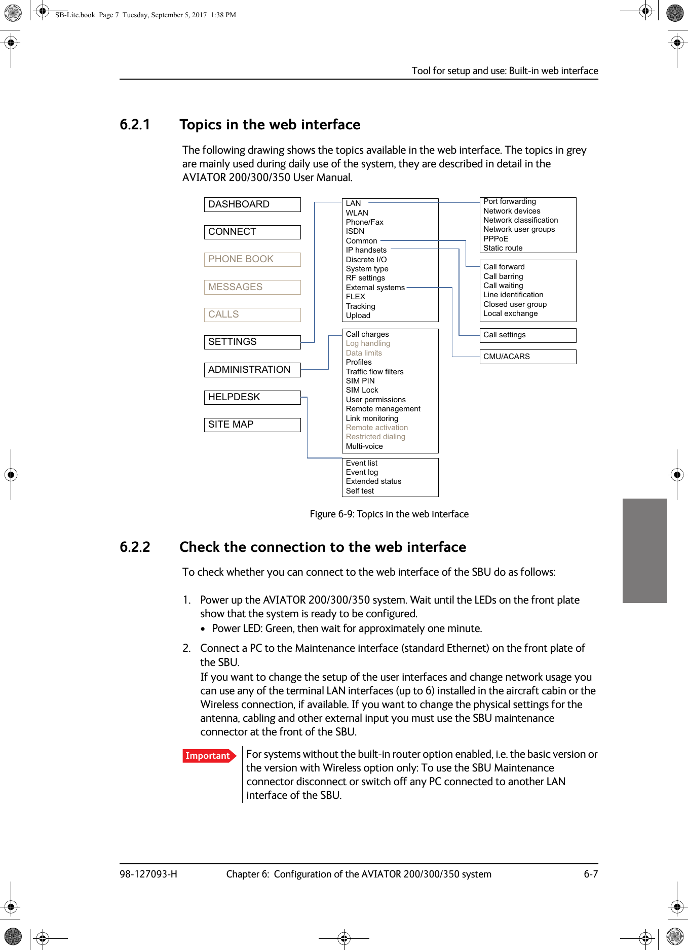 Tool for setup and use: Built-in web interface98-127093-H Chapter 6:  Configuration of the AVIATOR 200/300/350 system 6-766666.2.1 Topics in the web interfaceThe following drawing shows the topics available in the web interface. The topics in grey are mainly used during daily use of the system, they are described in detail in the AVIATOR  200/300/350 User Manual.Figure 6-9:  Topics in the web interface6.2.2 Check the connection to the web interfaceTo check whether you can connect to the web interface of the SBU do as follows:1. Power up the AVIATOR  200/300/350 system. Wait until the LEDs on the front plate show that the system is ready to be configured. • Power LED: Green, then wait for approximately one minute.2. Connect a PC to the Maintenance interface (standard Ethernet) on the front plate of the SBU.If you want to change the setup of the user interfaces and change network usage you can use any of the terminal LAN interfaces (up to 6) installed in the aircraft cabin or the Wireless connection, if available. If you want to change the physical settings for the antenna, cabling and other external input you must use the SBU maintenance connector at the front of the SBU. 3RUWIRUZDUGLQJ 1HWZRUNGHYLFHV1HWZRUNFODVVLILFDWLRQ1HWZRUNXVHUJURXSV333R(6WDWLFURXWH&amp;DOOIRUZDUG &amp;DOOEDUULQJ &amp;DOOZDLWLQJ /LQHLGHQWLILFDWLRQ &amp;ORVHGXVHUJURXS/RFDOH[FKDQJH/$1:/$13KRQH)D[,6&apos;1&amp;RPPRQ,3KDQGVHWV&apos;LVFUHWH,26\VWHPW\SH5)VHWWLQJV([WHUQDOV\VWHPV)/(;7UDFNLQJ8SORDG&amp;DOOFKDUJHV /RJKDQGOLQJ&apos;DWDOLPLWV 3URILOHV 7UDIILFIORZILOWHUV 6,03,16,0/RFN 8VHUSHUPLVVLRQV5HPRWHPDQDJHPHQW/LQNPRQLWRULQJ5HPRWHDFWLYDWLRQ5HVWULFWHGGLDOLQJ0XOWLYRLFH(YHQWOLVW (YHQWORJ([WHQGHGVWDWXV 6HOIWHVW&apos;$6+%2$5&apos;&amp;211(&amp;73+21(%22.0(66$*(6&amp;$//66(77,1*6$&apos;0,1,675$7,21+(/3&apos;(6.6,7(0$3&amp;DOOVHWWLQJV&amp;08$&amp;$56Important For systems without the built-in router option enabled, i.e. the basic version or the version with Wireless option only: To use the SBU Maintenance connector disconnect or switch off any PC connected to another LAN interface of the SBU.SB-Lite.book  Page 7  Tuesday, September 5, 2017  1:38 PM