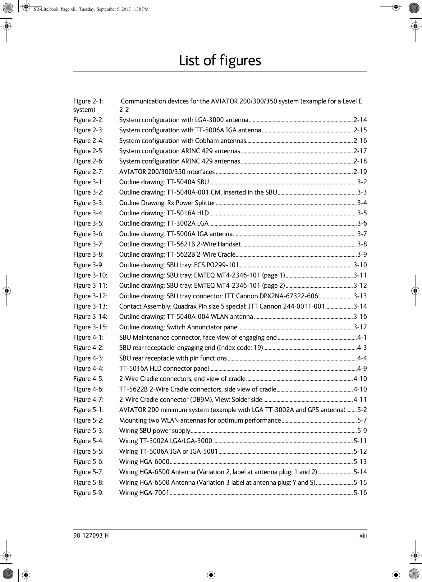 98-127093-H xiiiList of figuresFigure 2-1:  Communication devices for the AVIATOR  200/300/350 system (example for a Level E system) 2-2Figure 2-2: System configuration with LGA-3000 antenna...............................................................................2-14Figure 2-3: System configuration with TT-5006A IGA antenna.....................................................................2-15Figure 2-4: System configuration with Cobham antennas.................................................................................2-16Figure 2-5: System configuration ARINC 429 antennas.....................................................................................2-17Figure 2-6: System configuration ARINC 429 antennas.....................................................................................2-18Figure 2-7: AVIATOR 200/300/350 interfaces ........................................................................................................2-19Figure 3-1: Outline drawing: TT-5040A SBU................................................................................................................3-2Figure 3-2: Outline drawing: TT-5040A-001 CM, inserted in the SBU............................................................3-3Figure 3-3: Outline Drawing: Rx Power Splitter...........................................................................................................3-4Figure 3-4: Outline drawing: TT-5016A HLD................................................................................................................3-5Figure 3-5: Outline drawing: TT-3002A LGA................................................................................................................3-6Figure 3-6: Outline drawing: TT-5006A IGA antenna..............................................................................................3-7Figure 3-7: Outline drawing: TT-5621B 2-Wire Handset........................................................................................3-8Figure 3-8: Outline drawing: TT-5622B 2-Wire Cradle............................................................................................3-9Figure 3-9: Outline drawing: SBU tray: ECS PO299-101......................................................................................3-10Figure 3-10: Outline drawing: SBU tray: EMTEQ MT4-2346-101 (page 1)...................................................3-11Figure 3-11: Outline drawing: SBU tray: EMTEQ MT4-2346-101 (page 2)...................................................3-12Figure 3-12: Outline drawing: SBU tray connector: ITT Cannon DPX2NA-67322-606..........................3-13Figure 3-13: Contact Assembly: Quadrax Pin size 5 special: ITT Cannon 244-0011-001.....................3-14Figure 3-14: Outline drawing: TT-5040A-004 WLAN antenna ...........................................................................3-16Figure 3-15: Outline drawing: Switch Annunciator panel ......................................................................................3-17Figure 4-1: SBU Maintenance connector, face view of engaging end ............................................................4-1Figure 4-2: SBU rear receptacle, engaging end (Index code: 19).......................................................................4-3Figure 4-3: SBU rear receptacle with pin functions ..................................................................................................4-4Figure 4-4: TT-5016A HLD connector panel................................................................................................................4-9Figure 4-5: 2-Wire Cradle connectors, end view of cradle.................................................................................4-10Figure 4-6: TT-5622B 2-Wire Cradle connectors, side view of cradle..........................................................4-10Figure 4-7: 2-Wire Cradle connector (DB9M). View: Solder side ....................................................................4-11Figure 5-1: AVIATOR 200 minimum system (example with LGA TT-3002A and GPS antenna)........5-2Figure 5-2: Mounting two WLAN antennas for optimum performance.........................................................5-7Figure 5-3: Wiring SBU power supply..............................................................................................................................5-9Figure 5-4: Wiring TT-3002A LGA/LGA-3000 ..........................................................................................................5-11Figure 5-5: Wiring TT-5006A IGA or IGA-5001......................................................................................................5-12Figure 5-6: Wiring HGA-6000...........................................................................................................................................5-13Figure 5-7: Wiring HGA-6500 Antenna (Variation 2, label at antenna plug: 1 and 2)...........................5-14Figure 5-8: Wiring HGA-6500 Antenna (Variation 3 label at antenna plug: Y and S)............................5-15Figure 5-9: Wiring HGA-7001...........................................................................................................................................5-16SB-Lite.book  Page xiii  Tuesday, September 5, 2017  1:38 PM