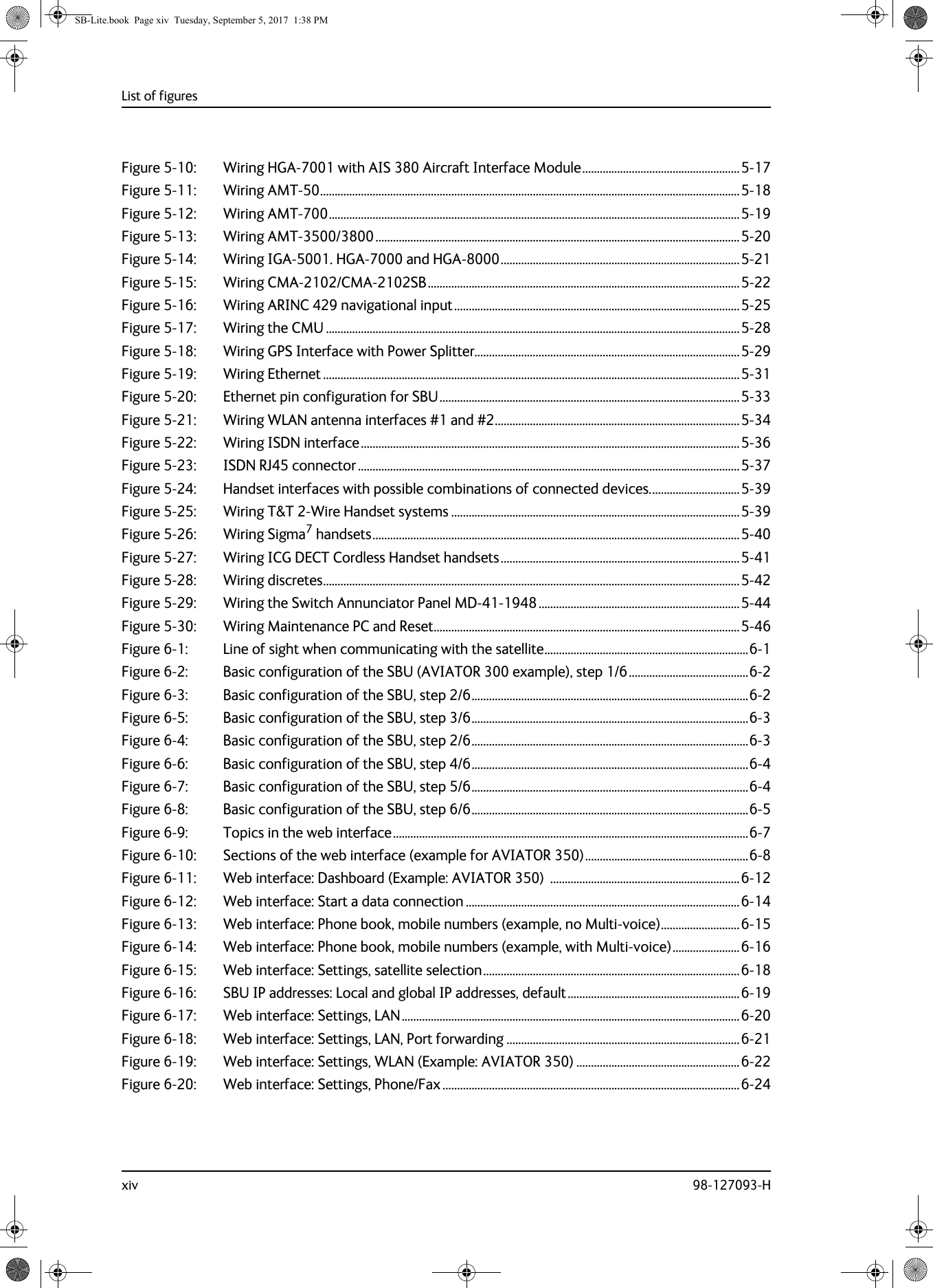 List of figuresxiv 98-127093-HFigure 5-10: Wiring HGA-7001 with AIS 380 Aircraft Interface Module......................................................5-17Figure 5-11: Wiring AMT-50................................................................................................................................................5-18Figure 5-12: Wiring AMT-700.............................................................................................................................................5-19Figure 5-13: Wiring AMT-3500/3800.............................................................................................................................5-20Figure 5-14: Wiring IGA-5001. HGA-7000 and HGA-8000..................................................................................5-21Figure 5-15: Wiring CMA-2102/CMA-2102SB...........................................................................................................5-22Figure 5-16: Wiring ARINC 429 navigational input..................................................................................................5-25Figure 5-17: Wiring the CMU ..............................................................................................................................................5-28Figure 5-18: Wiring GPS Interface with Power Splitter...........................................................................................5-29Figure 5-19: Wiring Ethernet ...............................................................................................................................................5-31Figure 5-20: Ethernet pin configuration for SBU.......................................................................................................5-33Figure 5-21: Wiring WLAN antenna interfaces #1 and #2....................................................................................5-34Figure 5-22: Wiring ISDN interface..................................................................................................................................5-36Figure 5-23: ISDN RJ45 connector ...................................................................................................................................5-37Figure 5-24: Handset interfaces with possible combinations of connected devices...............................5-39Figure 5-25: Wiring T&amp;T 2-Wire Handset systems ...................................................................................................5-39Figure 5-26: Wiring Sigma7 handsets..............................................................................................................................5-40Figure 5-27: Wiring ICG DECT Cordless Handset handsets..................................................................................5-41Figure 5-28: Wiring discretes...............................................................................................................................................5-42Figure 5-29: Wiring the Switch Annunciator Panel MD-41-1948 .....................................................................5-44Figure 5-30: Wiring Maintenance PC and Reset.........................................................................................................5-46Figure 6-1: Line of sight when communicating with the satellite......................................................................6-1Figure 6-2: Basic configuration of the SBU (AVIATOR 300 example), step 1/6.........................................6-2Figure 6-3: Basic configuration of the SBU, step 2/6...............................................................................................6-2Figure 6-5: Basic configuration of the SBU, step 3/6...............................................................................................6-3Figure 6-4: Basic configuration of the SBU, step 2/6...............................................................................................6-3Figure 6-6: Basic configuration of the SBU, step 4/6...............................................................................................6-4Figure 6-7: Basic configuration of the SBU, step 5/6...............................................................................................6-4Figure 6-8: Basic configuration of the SBU, step 6/6...............................................................................................6-5Figure 6-9: Topics in the web interface..........................................................................................................................6-7Figure 6-10: Sections of the web interface (example for AVIATOR 350)........................................................6-8Figure 6-11: Web interface: Dashboard (Example: AVIATOR 350)  .................................................................6-12Figure 6-12: Web interface: Start a data connection ..............................................................................................6-14Figure 6-13: Web interface: Phone book, mobile numbers (example, no Multi-voice)...........................6-15Figure 6-14: Web interface: Phone book, mobile numbers (example, with Multi-voice).......................6-16Figure 6-15: Web interface: Settings, satellite selection........................................................................................6-18Figure 6-16: SBU IP addresses: Local and global IP addresses, default...........................................................6-19Figure 6-17: Web interface: Settings, LAN....................................................................................................................6-20Figure 6-18: Web interface: Settings, LAN, Port forwarding ................................................................................6-21Figure 6-19: Web interface: Settings, WLAN (Example: AVIATOR 350) ........................................................6-22Figure 6-20: Web interface: Settings, Phone/Fax ......................................................................................................6-24SB-Lite.book  Page xiv  Tuesday, September 5, 2017  1:38 PM