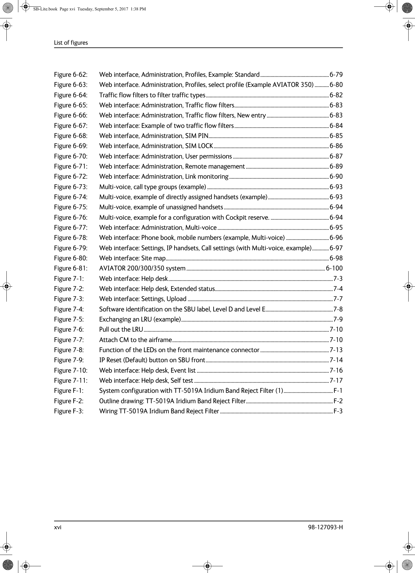 List of figuresxvi 98-127093-HFigure 6-62: Web interface, Administration, Profiles, Example: Standard.....................................................6-79Figure 6-63: Web interface. Administration, Profiles, select profile (Example AVIATOR 350) ...........6-80Figure 6-64: Traffic flow filters to filter traffic types...............................................................................................6-82Figure 6-65: Web interface: Administration, Traffic flow filters.........................................................................6-83Figure 6-66: Web interface: Administration, Traffic flow filters, New entry ................................................6-83Figure 6-67: Web interface: Example of two traffic flow filters.........................................................................6-84Figure 6-68: Web interface, Administration, SIM PIN.............................................................................................6-85Figure 6-69: Web interface, Administration, SIM LOCK.........................................................................................6-86Figure 6-70: Web interface: Administration, User permissions ..........................................................................6-87Figure 6-71: Web interface: Administration, Remote management ................................................................6-89Figure 6-72: Web interface: Administration, Link monitoring.............................................................................6-90Figure 6-73: Multi-voice, call type groups (example) ..............................................................................................6-93Figure 6-74: Multi-voice, example of directly assigned handsets (example)...............................................6-93Figure 6-75: Multi-voice, example of unassigned handsets .................................................................................6-94Figure 6-76: Multi-voice, example for a configuration with Cockpit reserve. .............................................6-94Figure 6-77: Web interface: Administration, Multi-voice ......................................................................................6-95Figure 6-78: Web interface: Phone book, mobile numbers (example, Multi-voice) .................................6-96Figure 6-79: Web interface: Settings, IP handsets, Call settings (with Multi-voice, example).............6-97Figure 6-80: Web interface: Site map..............................................................................................................................6-98Figure 6-81: AVIATOR 200/300/350 system ...........................................................................................................6-100Figure 7-1: Web interface: Help desk...............................................................................................................................7-3Figure 7-2: Web interface: Help desk, Extended status...........................................................................................7-4Figure 7-3: Web interface: Settings, Upload ................................................................................................................7-7Figure 7-4: Software identification on the SBU label, Level D and Level E....................................................7-8Figure 7-5: Exchanging an LRU (example).....................................................................................................................7-9Figure 7-6: Pull out the LRU...............................................................................................................................................7-10Figure 7-7: Attach CM to the airframe.........................................................................................................................7-10Figure 7-8: Function of the LEDs on the front maintenance connector .....................................................7-13Figure 7-9: IP Reset (Default) button on SBU front...............................................................................................7-14Figure 7-10: Web interface: Help desk, Event list ......................................................................................................7-16Figure 7-11: Web interface: Help desk, Self test ........................................................................................................7-17Figure F-1: System configuration with TT-5019A Iridium Band Reject Filter (1)......................................F-1Figure F-2: Outline drawing: TT-5019A Iridium Band Reject Filter................................................................... F-2Figure F-3: Wiring TT-5019A Iridium Band Reject Filter .......................................................................................F-3SB-Lite.book  Page xvi  Tuesday, September 5, 2017  1:38 PM