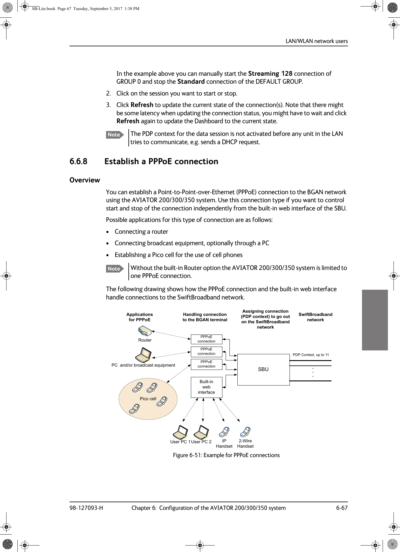 LAN/WLAN network users98-127093-H Chapter 6:  Configuration of the AVIATOR 200/300/350 system 6-676666In the example above you can manually start the Streaming 128 connection of GROUP 0 and stop the Standard connection of the DEFAULT GROUP.2. Click on the session you want to start or stop.3. Click Refresh to update the current state of the connection(s). Note that there might be some latency when updating the connection status, you might have to wait and click Refresh again to update the Dashboard to the current state.The PDP context for the data session is not activated before any unit in the LAN tries to communicate, e.g. sends a DHCP request.6.6.8 Establish a PPPoE connectionOverviewYou can establish a Point-to-Point-over-Ethernet (PPPoE) connection to the BGAN network using the AVIATOR  200/300/350 system. Use this connection type if you want to control start and stop of the connection independently from the built-in web interface of the SBU.Possible applications for this type of connection are as follows:• Connecting a router• Connecting broadcast equipment, optionally through a PC• Establishing a Pico cell for the use of cell phonesWithout the built-in Router option the AVIATOR 200/300/350 system is limited to one PPPoE connection.The following drawing shows how the PPPoE connection and the built-in web interface handle connections to the SwiftBroadband network.Figure 6-51:  Example for PPPoE connectionsNoteNote6%83&apos;3&amp;RQWH[WXSWR6ZLIW%URDGEDQGQHWZRUN%XLOWLQZHELQWHUIDFH333R(FRQQHFWLRQ3&amp;DQGRUEURDGFDVWHTXLSPHQW8VHU3&amp;$SSOLFDWLRQVIRU333R(+DQGOLQJFRQQHFWLRQWRWKH%*$1WHUPLQDO$VVLJQLQJFRQQHFWLRQ3&apos;3FRQWH[WWRJRRXWRQWKH6ZLIW%URDGEDQGQHWZRUN5RXWHU3LFRFHOO333R(FRQQHFWLRQ8VHU3&amp;333R(FRQQHFWLRQ:LUH+DQGVHW,3+DQGVHWSB-Lite.book  Page 67  Tuesday, September 5, 2017  1:38 PM