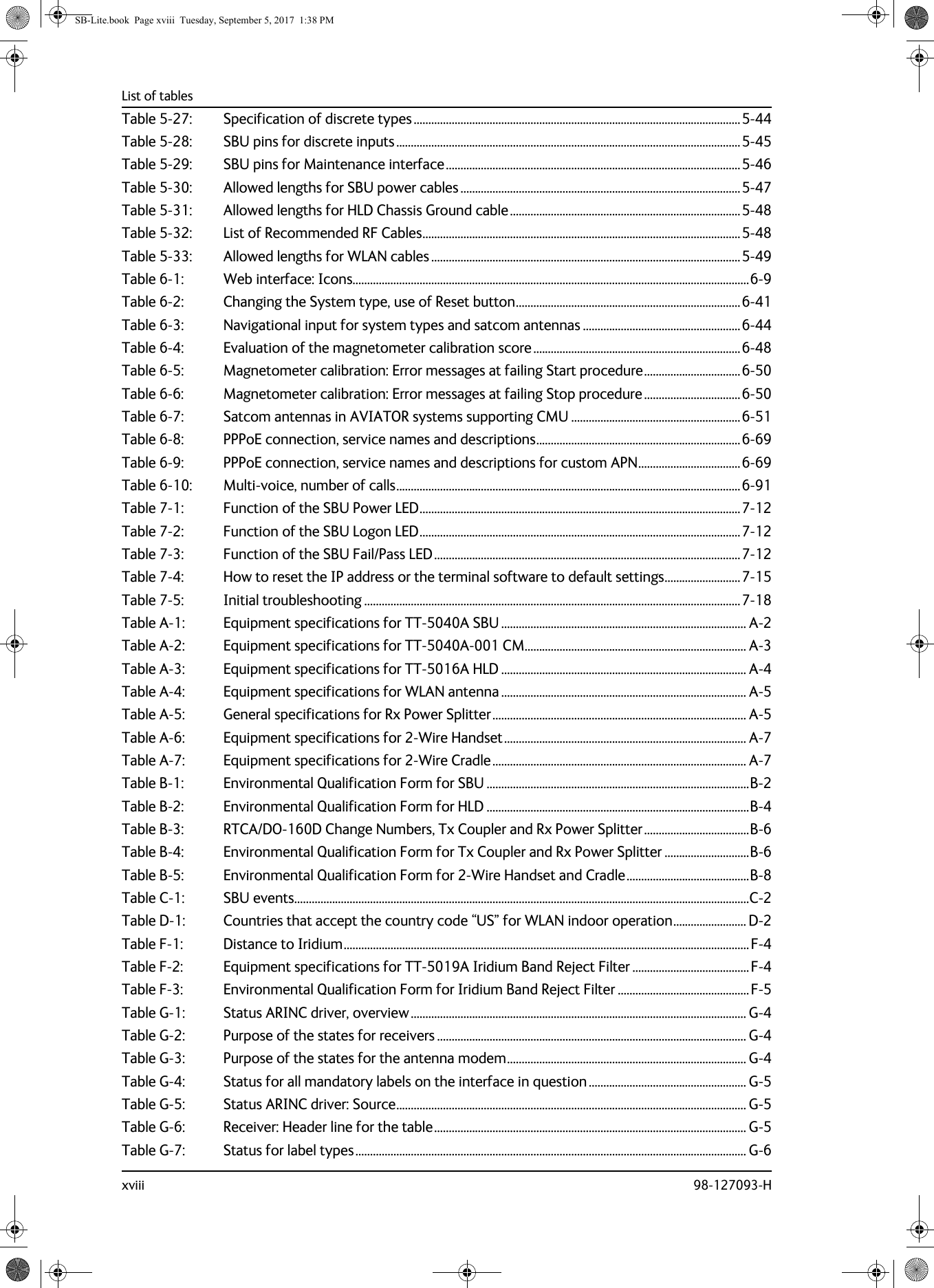 List of tablesxviii 98-127093-HTable 5-27: Specification of discrete types................................................................................................................5-44Table 5-28: SBU pins for discrete inputs......................................................................................................................5-45Table 5-29: SBU pins for Maintenance interface.....................................................................................................5-46Table 5-30: Allowed lengths for SBU power cables................................................................................................5-47Table 5-31: Allowed lengths for HLD Chassis Ground cable...............................................................................5-48Table 5-32: List of Recommended RF Cables.............................................................................................................5-48Table 5-33: Allowed lengths for WLAN cables..........................................................................................................5-49Table 6-1: Web interface: Icons........................................................................................................................................6-9Table 6-2: Changing the System type, use of Reset button.............................................................................6-41Table 6-3: Navigational input for system types and satcom antennas ......................................................6-44Table 6-4: Evaluation of the magnetometer calibration score.......................................................................6-48Table 6-5: Magnetometer calibration: Error messages at failing Start procedure.................................6-50Table 6-6: Magnetometer calibration: Error messages at failing Stop procedure.................................6-50Table 6-7: Satcom antennas in AVIATOR systems supporting CMU ..........................................................6-51Table 6-8: PPPoE connection, service names and descriptions......................................................................6-69Table 6-9: PPPoE connection, service names and descriptions for custom APN...................................6-69Table 6-10: Multi-voice, number of calls......................................................................................................................6-91Table 7-1: Function of the SBU Power LED..............................................................................................................7-12Table 7-2: Function of the SBU Logon LED..............................................................................................................7-12Table 7-3: Function of the SBU Fail/Pass LED.........................................................................................................7-12Table 7-4: How to reset the IP address or the terminal software to default settings..........................7-15Table 7-5: Initial troubleshooting .................................................................................................................................7-18Table A-1: Equipment specifications for TT-5040A SBU .................................................................................... A-2Table A-2: Equipment specifications for TT-5040A-001 CM............................................................................ A-3Table A-3: Equipment specifications for TT-5016A HLD .................................................................................... A-4Table A-4: Equipment specifications for WLAN antenna .................................................................................... A-5Table A-5: General specifications for Rx Power Splitter....................................................................................... A-5Table A-6: Equipment specifications for 2-Wire Handset................................................................................... A-7Table A-7: Equipment specifications for 2-Wire Cradle....................................................................................... A-7Table B-1: Environmental Qualification Form for SBU ..........................................................................................B-2Table B-2: Environmental Qualification Form for HLD ..........................................................................................B-4Table B-3: RTCA/DO-160D Change Numbers, Tx Coupler and Rx Power Splitter....................................B-6Table B-4: Environmental Qualification Form for Tx Coupler and Rx Power Splitter .............................B-6Table B-5: Environmental Qualification Form for 2-Wire Handset and Cradle..........................................B-8Table C-1: SBU events............................................................................................................................................................C-2Table D-1: Countries that accept the country code “US” for WLAN indoor operation......................... D-2Table F-1: Distance to Iridium........................................................................................................................................... F-4Table F-2: Equipment specifications for TT-5019A Iridium Band Reject Filter ........................................F-4Table F-3: Environmental Qualification Form for Iridium Band Reject Filter .............................................F-5Table G-1: Status ARINC driver, overview ................................................................................................................... G-4Table G-2: Purpose of the states for receivers .......................................................................................................... G-4Table G-3: Purpose of the states for the antenna modem.................................................................................. G-4Table G-4: Status for all mandatory labels on the interface in question...................................................... G-5Table G-5: Status ARINC driver: Source........................................................................................................................ G-5Table G-6: Receiver: Header line for the table........................................................................................................... G-5Table G-7: Status for label types...................................................................................................................................... G-6SB-Lite.book  Page xviii  Tuesday, September 5, 2017  1:38 PM