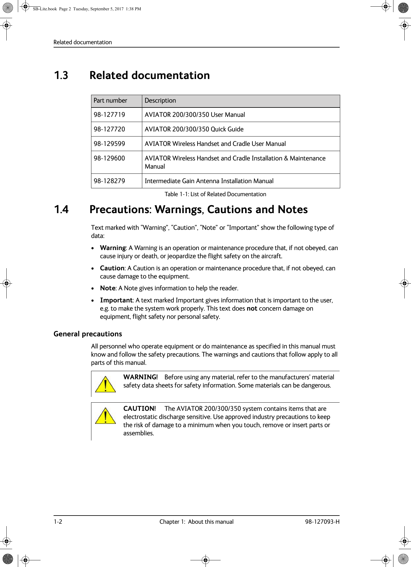 Related documentation1-2 Chapter 1:  About this manual 98-127093-H1.3 Related documentation1.4 Precautions: Warnings, Cautions and NotesText marked with “Warning”, “Caution”, “Note” or “Important” show the following type of data:•Warning: A Warning is an operation or maintenance procedure that, if not obeyed, can cause injury or death, or jeopardize the flight safety on the aircraft. •Caution: A Caution is an operation or maintenance procedure that, if not obeyed, can cause damage to the equipment.•Note: A Note gives information to help the reader.•Important: A text marked Important gives information that is important to the user, e.g. to make the system work properly. This text does not concern damage on equipment, flight safety nor personal safety.General precautionsAll personnel who operate equipment or do maintenance as specified in this manual must know and follow the safety precautions. The warnings and cautions that follow apply to all parts of this manual.Part number Description98-127719 AVIATOR  200/300/350 User Manual98-127720 AVIATOR  200/300/350 Quick Guide98-129599 AVIATOR Wireless Handset and Cradle User Manual98-129600 AVIATOR Wireless Handset and Cradle Installation &amp; Maintenance Manual98-128279 Intermediate Gain Antenna Installation ManualTable 1-1:  List of Related DocumentationWARNING! Before using any material, refer to the manufacturers’ material safety data sheets for safety information. Some materials can be dangerous.CAUTION! The AVIATOR  200/300/350 system contains items that are electrostatic discharge sensitive. Use approved industry precautions to keep the risk of damage to a minimum when you touch, remove or insert parts or assemblies.SB-Lite.book  Page 2  Tuesday, September 5, 2017  1:38 PM