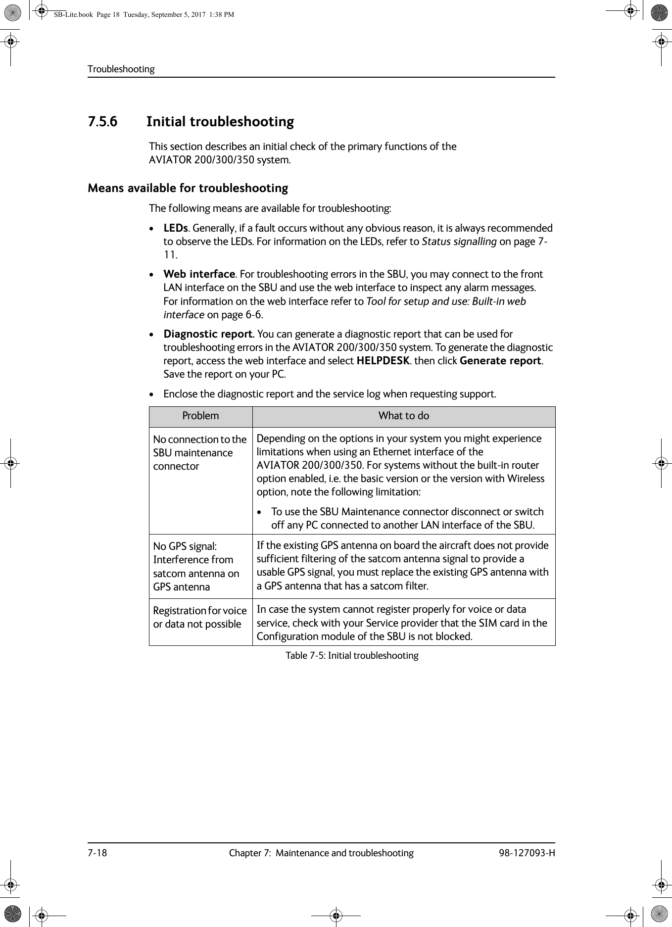 Troubleshooting7-18 Chapter 7:  Maintenance and troubleshooting 98-127093-H7.5.6 Initial troubleshootingThis section describes an initial check of the primary functions of the AVIATOR  200/300/350 system.Means available for troubleshootingThe following means are available for troubleshooting:•LEDs. Generally, if a fault occurs without any obvious reason, it is always recommended to observe the LEDs. For information on the LEDs, refer to Status signalling on page  7-11.•Web interface. For troubleshooting errors in the SBU, you may connect to the front LAN interface on the SBU and use the web interface to inspect any alarm messages.  For information on the web interface refer to Tool for setup and use: Built-in web interface on page  6-6.•Diagnostic report. You can generate a diagnostic report that can be used for troubleshooting errors in the AVIATOR 200/300/350 system. To generate the diagnostic report, access the web interface and select HELPDESK. then click Generate report. Save the report on your PC.• Enclose the diagnostic report and the service log when requesting support.Problem What to doNo connection to the SBU maintenance connectorDepending on the options in your system you might experience limitations when using an Ethernet interface of the AVIATOR  200/300/350. For systems without the built-in router option enabled, i.e. the basic version or the version with Wireless option, note the following limitation:• To use the SBU Maintenance connector disconnect or switch off any PC connected to another LAN interface of the SBU.No GPS signal: Interference from satcom antenna on GPS antennaIf the existing GPS antenna on board the aircraft does not provide sufficient filtering of the satcom antenna signal to provide a usable GPS signal, you must replace the existing GPS antenna with a GPS antenna that has a satcom filter.Registration for voice or data not possibleIn case the system cannot register properly for voice or data service, check with your Service provider that the SIM card in the Configuration module of the SBU is not blocked.Table 7-5: Initial troubleshootingSB-Lite.book  Page 18  Tuesday, September 5, 2017  1:38 PM