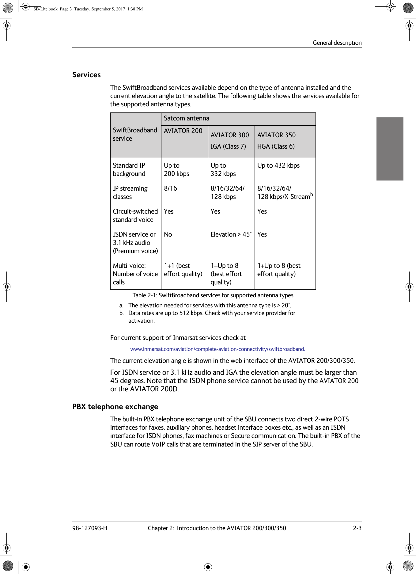 General description98-127093-H Chapter 2:  Introduction to the AVIATOR 200/300/350 2-32222ServicesThe SwiftBroadband services available depend on the type of antenna installed and the current elevation angle to the satellite. The following table shows the services available for the supported antenna types.LGA (Class 15)aTable 2-1:  SwiftBroadband services for supported antenna typesa. The elevation needed for services with this antenna type is &gt;  20°.Standard IP backgroundUp to 200  kbpsUp to 332  kbpsUp to 432  kbpsIP streaming classes8/16 8/16/32/64/128  kbps8/16/32/64/128  kbps/X-Streambb. Data rates are up to 512  kbps. Check with your service provider for activation.Circuit-switched  standard voiceYes Yes YesISDN service or  3.1  kHz audio (Premium voice)No Elevation  &gt;  45° YesMulti-voice: Number of voice calls1+1 (best effort quality)1+Up to 8 (best effort quality)1+Up to 8 (best effort quality)For current support of Inmarsat services check at www.inmarsat.com/aviation/complete-aviation-connectivity/swiftbroadband.The current elevation angle is shown in the web interface of the AVIATOR  200/300/350.For ISDN service or 3.1 kHz audio and IGA the elevation angle must be larger than 45  degrees. Note that the ISDN phone service cannot be used by the AVIATOR 200 or the AVIATOR 200D.PBX telephone exchangeThe built-in PBX telephone exchange unit of the SBU connects two direct 2-wire POTS interfaces for faxes, auxiliary phones, headset interface boxes etc., as well as an ISDN interface for ISDN phones, fax machines or Secure communication. The built-in PBX of the SBU can route VoIP calls that are terminated in the SIP server of the SBU.SwiftBroadband serviceSatcom antennaAVIATOR 200 AVIATOR 300IGA (Class 7)AVIATOR 350HGA (Class 6)SB-Lite.book  Page 3  Tuesday, September 5, 2017  1:38 PM