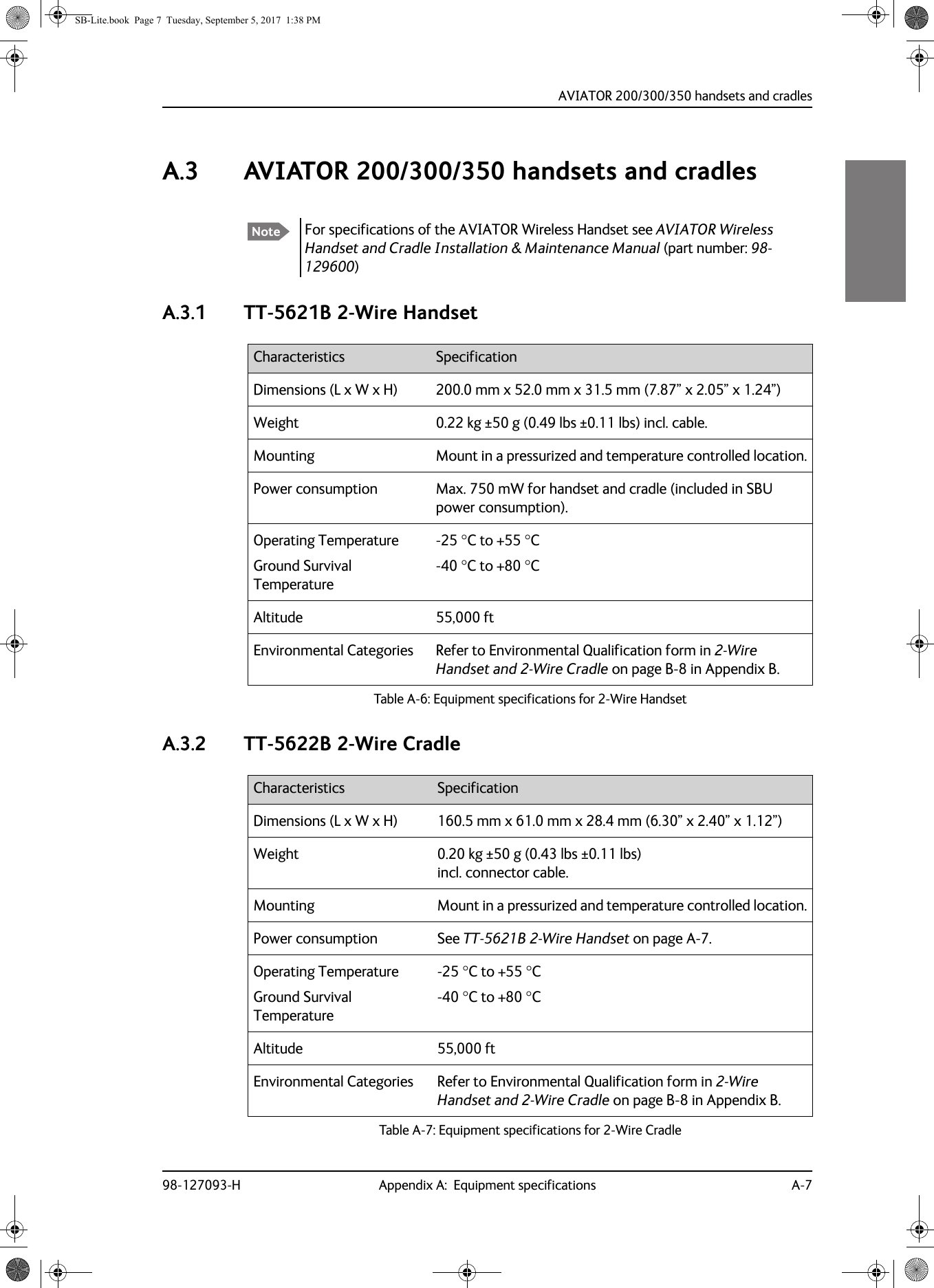 AVIATOR  200/300/350 handsets and cradles98-127093-H Appendix A:  Equipment specifications A-7AAAAA.3 AVIATOR  200/300/350 handsets and cradlesA.3.1 TT-5621B 2-Wire HandsetA.3.2 TT-5622B 2-Wire CradleNote For specifications of the AVIATOR Wireless Handset see AVIATOR Wireless Handset and Cradle Installation &amp; Maintenance Manual (part number: 98-129600)Characteristics SpecificationDimensions (L x W x H) 200.0 mm x 52.0 mm x 31.5 mm (7.87” x 2.05” x 1.24”)Weight 0.22 kg ±50 g (0.49 lbs ±0.11 lbs) incl. cable.Mounting Mount in a pressurized and temperature controlled location.Power consumption Max. 750  mW for handset and cradle (included in SBU power consumption).Operating TemperatureGround Survival Temperature-25 C to +55 C-40 C to +80 CAltitude 55,000 ftEnvironmental Categories Refer to Environmental Qualification form in 2-Wire Handset and 2-Wire Cradle on page  B-8 in Appendix B.Table A-6:  Equipment specifications for 2-Wire HandsetCharacteristics SpecificationDimensions (L x W x H) 160.5 mm x 61.0 mm x 28.4 mm (6.30” x 2.40” x 1.12”)Weight 0.20 kg ±50 g (0.43 lbs ±0.11 lbs)  incl. connector cable.Mounting Mount in a pressurized and temperature controlled location.Power consumption See TT-5621B 2-Wire Handset on page A-7.Operating TemperatureGround Survival Temperature-25 C to +55 C-40 C to +80 CAltitude 55,000 ftEnvironmental Categories Refer to Environmental Qualification form in 2-Wire Handset and 2-Wire Cradle on page  B-8 in Appendix B.Table A-7:  Equipment specifications for 2-Wire CradleSB-Lite.book  Page 7  Tuesday, September 5, 2017  1:38 PM