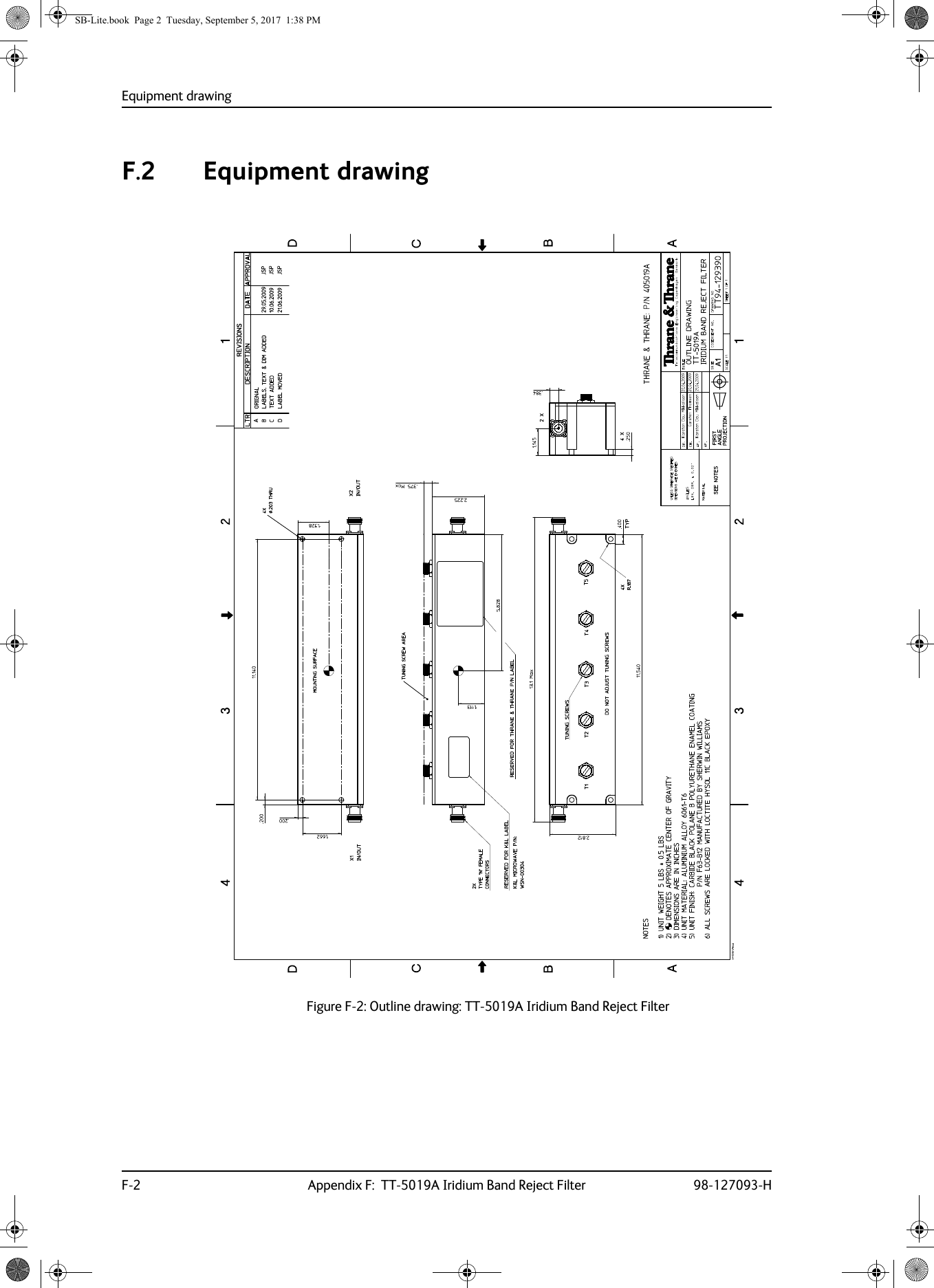 Equipment drawingF-2 Appendix F:  TT-5019A Iridium Band Reject Filter 98-127093-HF.2 Equipment drawingFigure F-2:  Outline drawing: TT-5019A Iridium Band Reject FilterSB-Lite.book  Page 2  Tuesday, September 5, 2017  1:38 PM