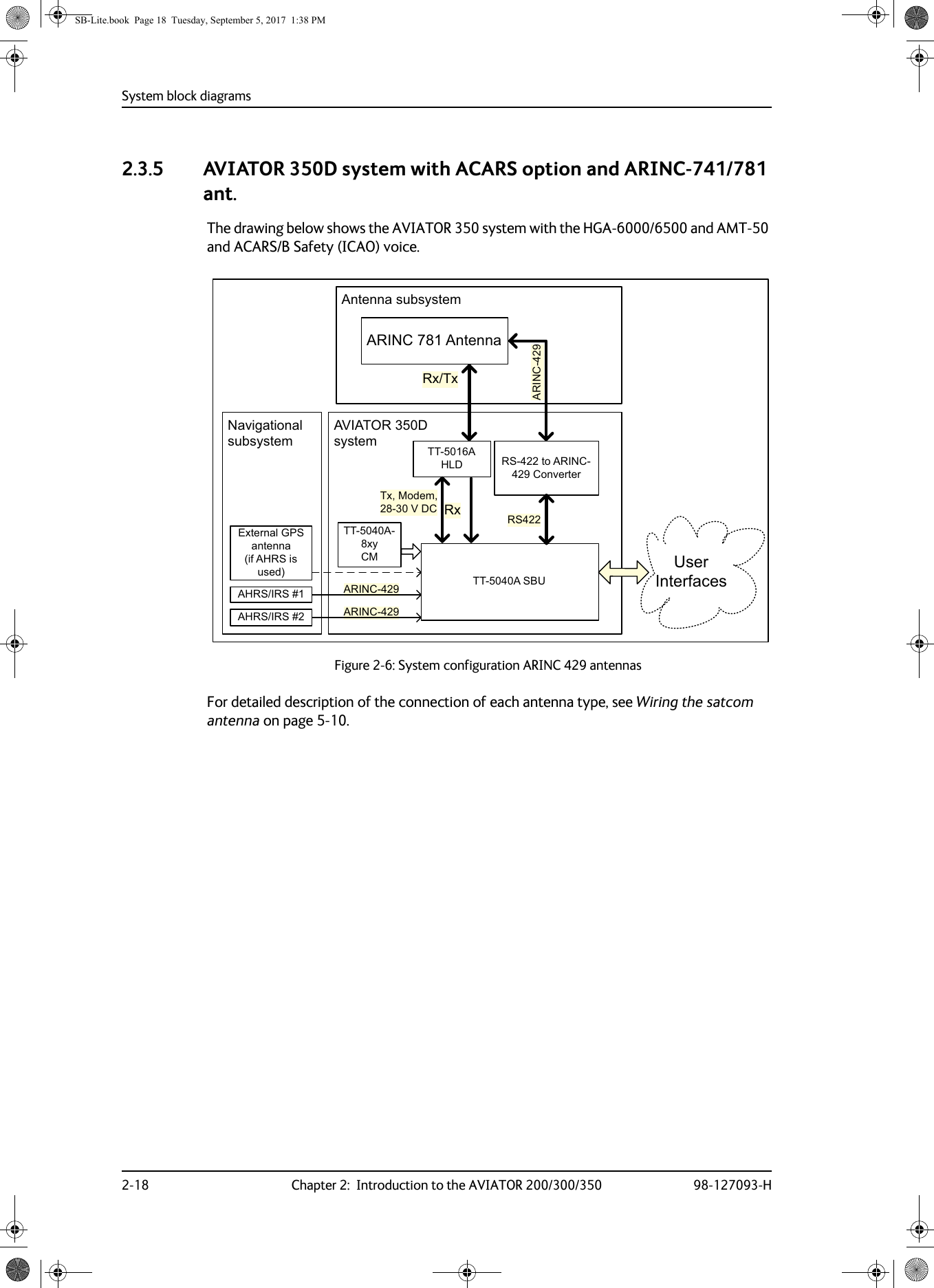 System block diagrams2-18 Chapter 2:  Introduction to the AVIATOR 200/300/350 98-127093-H2.3.5 AVIATOR 350D system with ACARS option and ARINC-741/781 ant.The drawing below shows the AVIATOR 350 system with the HGA-6000/6500 and AMT-50 and ACARS/B Safety (ICAO) voice.For detailed description of the connection of each antenna type, see Wiring the satcom antenna on page  5-10.Figure 2-6:  System configuration ARINC 429 antennas$5,1&amp;$5,1&amp;$5,1&amp;$QWHQQD77$+/&apos;$QWHQQDVXEV\VWHP77$6%8$+56,56$9,$725&apos;V\VWHP77$[\&amp;05[5[7[7[0RGHP9&apos;&amp;$5,1&amp;8VHU,QWHUIDFHV$+56,5656WR$5,1&amp;&amp;RQYHUWHU561DYLJDWLRQDOVXEV\VWHP([WHUQDO*36DQWHQQDLI$+56LVXVHGSB-Lite.book  Page 18  Tuesday, September 5, 2017  1:38 PM