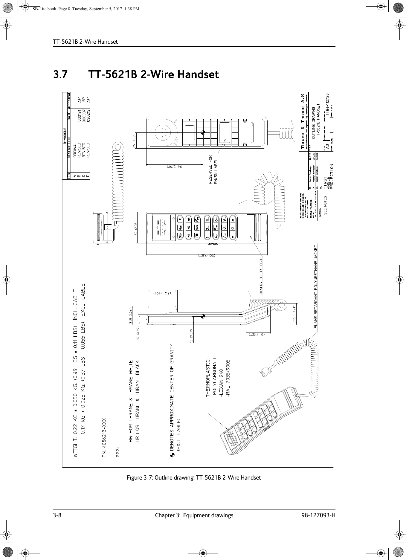 TT-5621B 2-Wire Handset3-8 Chapter 3:  Equipment drawings 98-127093-H3.7 TT-5621B 2-Wire HandsetFigure 3-7:  Outline drawing: TT-5621B 2-Wire HandsetSB-Lite.book  Page 8  Tuesday, September 5, 2017  1:38 PM