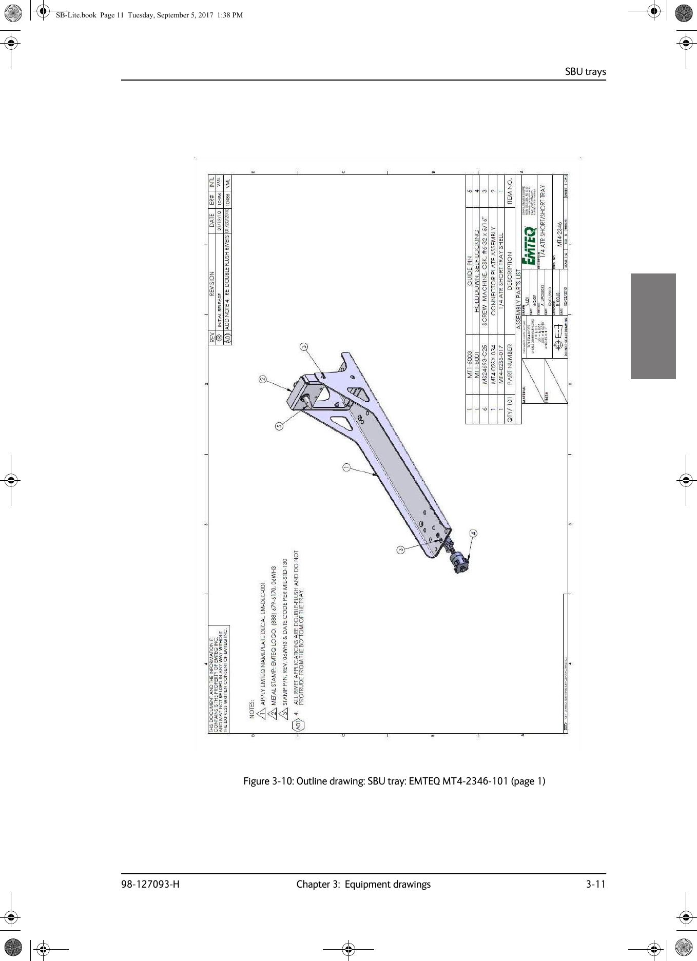 Figure 3-10:  Outline drawing: SBU tray: EMTEQ MT4-2346-101 (page  1)SBU trays98-127093-H Chapter 3:  Equipment drawings 3-113333SB-Lite.book  Page 11  Tuesday, September 5, 2017  1:38 PM