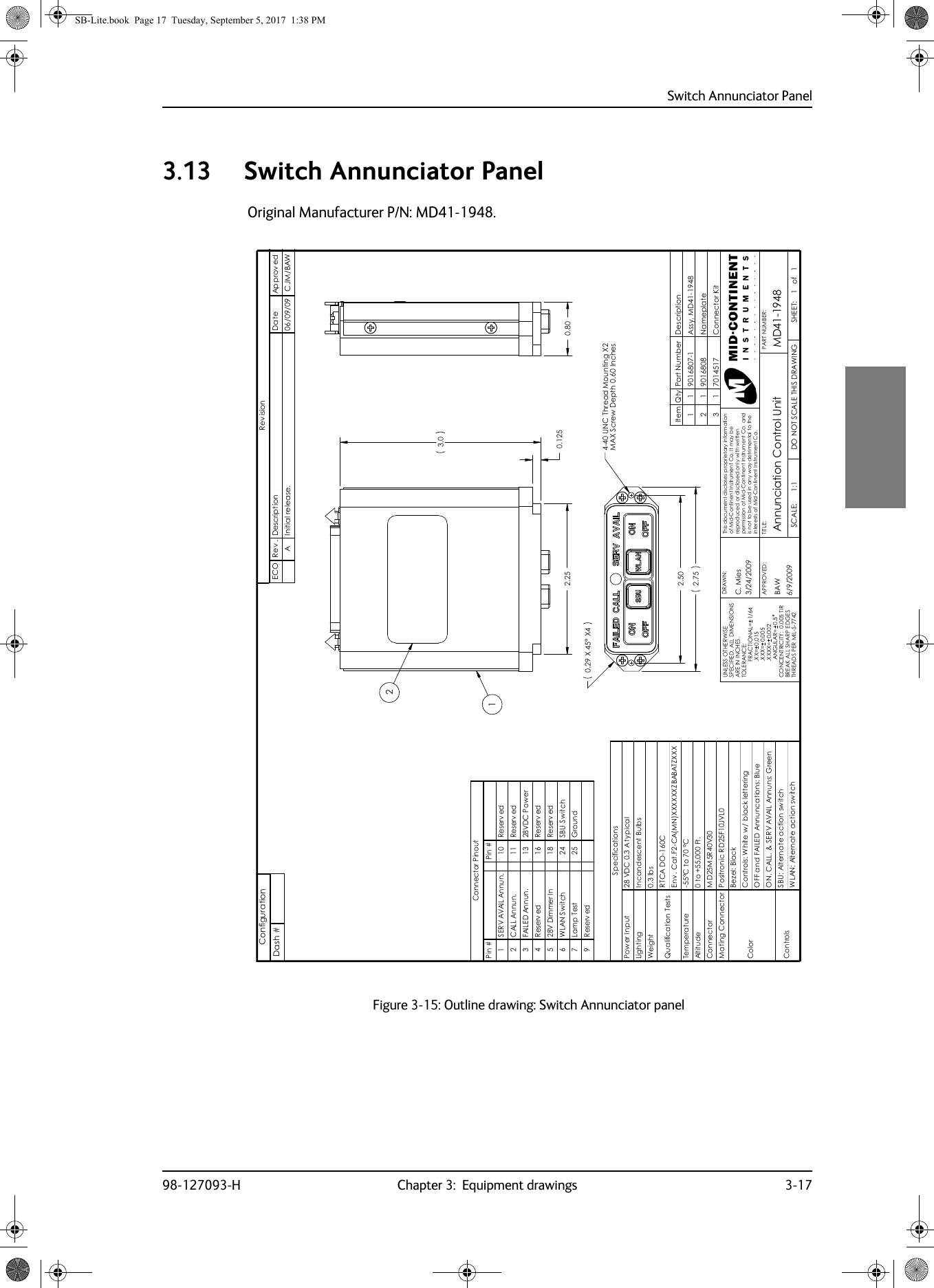 Switch Annunciator Panel98-127093-H Chapter 3:  Equipment drawings 3-1733333.13 Switch Annunciator PanelOriginal Manufacturer P/N: MD41-1948.Figure 3-15:  Outline drawing: Switch Annunciator panel MD41-1948This document discloses proprietary informationof Mid-Continent Instrument Co. It may be reproduced or disclosed only with written permission of Mid-Continent Instrument Co. andis not to be used in any way detrimental to theinterests of Mid-Continent Instrument Co.11UNLESS OTHERWISESPECIFIED, ALL DIMENSIONSARE IN INCHES.TOLERANCE:          FRACTIONAL= 1/64          .XX= 0.015          .XXX= 0.005          .XXXX= 0.002           ANGULAR= 0.5CONCENTRICITY:  0.005 TIRBREAK ALL SHARP EDGESTHREADS PER MIL-S-7742Annunciation Control Unit3/24/2009C. Mies1:1 of PART NUMBER:TITLE:SCALE:   DO NOT SCALE THIS DRAWING SHEET:APPROVED:DRAWN:BAW6/9/20092.502.750.29  X445° X 4-40 UNC Thread Mounting X2MAX Screw Depth 0.60 Inches0.800.1253.02.2521Item Qty Part Number Description1 1 9016807-1 Assy, MD41-19482 1 9016808 Nameplate3 1 7014517 Connector KitECO Rev . Description Date Approv edA Initial release. 06/09/09 CJM/BAWRev isionDash #ConfigurationPin # Pin #1 S E R V AVAI L An n u n . 10 Reser v ed2 CALL Annun. 11 Reserved3 FAILED Annun. 13 28VDC Power4 Reserv ed 16 Reserv ed5 28V Dimmer In 18 Reserv ed6 WLAN Switch 24 SBU Switch7Lamp Test 25Ground9 Reserv edConnector PinoutPower Input 28 VDC 0.3 A typicalLighting Incandescent BulbsWeight 0.3 lbsRTCA DO-160CEnv . Cat.F2-CA(MN)XXXXXXZBABATZXXXTemperature -55°C to 70 °CAltitude 0 to +55,000 Ft.Connector M D25M5R40V30Mating Connector Positronic RD25F10JVL0Bezel: BlackControls: White w/ black letteringOFF and FAILED Annuncations: BlueON, CALL, &amp; SERV AVAIL Annuns: GreenSBU: Alternate action switchW L AN :  Alt e rn a te a c t ion  sw it c hSpecificationsColorQualification TestsControlsSB-Lite.book  Page 17  Tuesday, September 5, 2017  1:38 PM