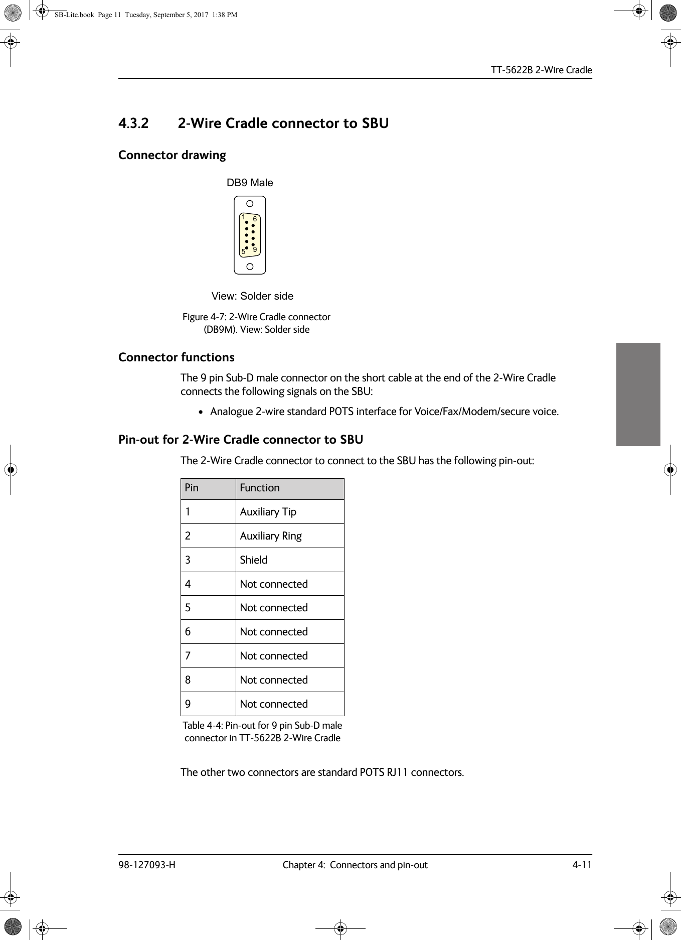 TT-5622B 2-Wire Cradle98-127093-H Chapter 4:  Connectors and pin-out 4-1144444.3.2 2-Wire Cradle connector to SBUConnector drawingConnector functionsThe 9 pin Sub-D male connector on the short cable at the end of the 2-Wire Cradle connects the following signals on the SBU:• Analogue 2-wire standard POTS interface for Voice/Fax/Modem/secure voice.Pin-out for 2-Wire Cradle connector to SBUThe 2-Wire Cradle connector to connect to the SBU has the following pin-out:The other two connectors are standard POTS RJ11 connectors.Figure 4-7: 2-Wire Cradle connector (DB9M). View: Solder side9LHZ6ROGHUVLGH&apos;%0DOHPin Function1 Auxiliary Tip2 Auxiliary Ring3 Shield4 Not connected5 Not connected6 Not connected7 Not connected8 Not connected9 Not connectedTable 4-4:  Pin-out for 9 pin Sub-D male connector in TT-5622B 2-Wire CradleSB-Lite.book  Page 11  Tuesday, September 5, 2017  1:38 PM