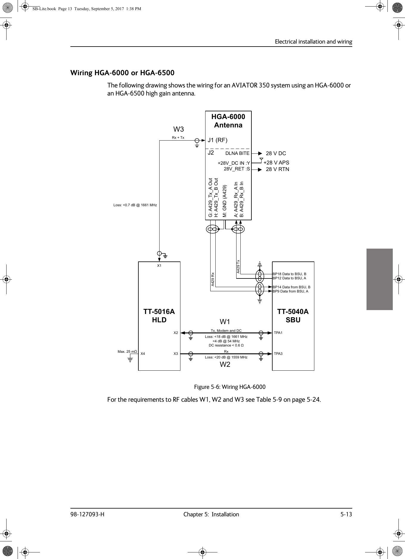 Electrical installation and wiring98-127093-H Chapter 5:  Installation 5-135555Wiring HGA-6000 or HGA-6500The following drawing shows the wiring for an AVIATOR 350 system using an HGA-6000 or an HGA-6500 high gain antenna.For the requirements to RF cables W1, W2 and W3 see Table  5-9 on page  5-24.Figure 5-6: Wiring HGA-6000/RVVG%#0+]G%#0+]&apos;&amp;UHVLVWDQFHȍ:::77$+/&apos;+*$$QWHQQD;77$6%8$7[$5[73$73$;;7[0RGHPDQG&apos;&amp;5[5[7[-5)9$36*$B7[B$2XW+$B7[B%2XW0*1&apos;$$$B5[B$,Q%$B5[B%,Q9B&apos;&amp;,1&lt;9B5(76-95710D[Pȍ ;/RVVG%#0+]/RVVG%#0+]%3&apos;DWDWR%68%%3&apos;DWDWR%68$%3&apos;DWDIURP%68%%3&apos;DWDIURP%68$9&apos;&amp;&apos;/1$%,7(SB-Lite.book  Page 13  Tuesday, September 5, 2017  1:38 PM