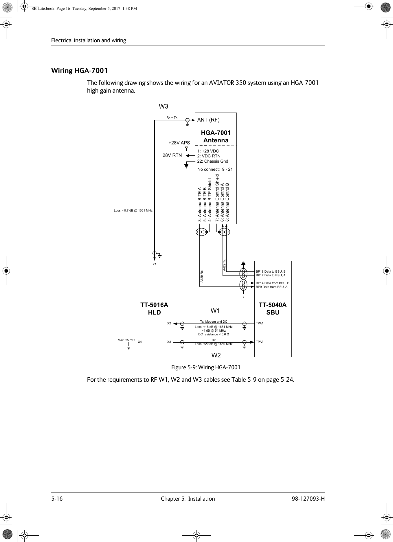 Electrical installation and wiring5-16 Chapter 5:  Installation 98-127093-HWiring HGA-7001The following drawing shows the wiring for an AVIATOR 350 system using an HGA-7001 high gain antenna.For the requirements to RF W1, W2 and W3 cables see Table  5-9 on page  5-24.Figure 5-9: Wiring HGA-700177$+/&apos;+*$$QWHQQD;77$6%8$7[$5[73$73$;;7[0RGHPDQG&apos;&amp;5[5[7[ $175)1RFRQQHFW9$36$QWHQQD%,7($$QWHQQD%,7(%$QWHQQD%,7(6KLHOG$QWHQQD&amp;RQWURO6KLHOG$QWHQQD&amp;RQWURO$$QWHQQD&amp;RQWURO%9&apos;&amp;9&apos;&amp;571&amp;KDVVLV*QG95710D[Pȍ ;/RVVG%#0+]/RVVG%#0+]/RVVG%#0+]G%#0+]&apos;&amp;UHVLVWDQFHȍ:::%3&apos;DWDWR%68%%3&apos;DWDWR%68$%3&apos;DWDIURP%68%%3&apos;DWDIURP%68$SB-Lite.book  Page 16  Tuesday, September 5, 2017  1:38 PM