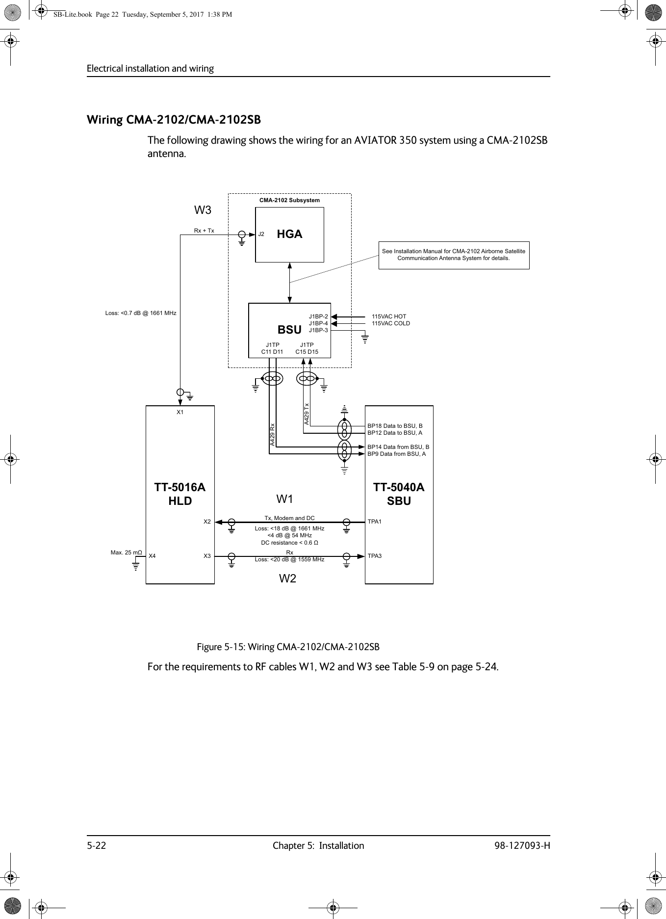 Electrical installation and wiring5-22 Chapter 5:  Installation 98-127093-HWiring CMA-2102/CMA-2102SBThe following drawing shows the wiring for an AVIATOR 350 system using a CMA-2102SB antenna.For the requirements to RF cables W1, W2 and W3 see Table  5-9 on page  5-24.Figure 5-15: Wiring CMA-2102/CMA-2102SB77$+/&apos;%68-73&amp;&apos;&amp;0$6XEV\VWHP+*$;77$6%8-73&amp;&apos;$7[$5[73$73$;;7[0RGHPDQG&apos;&amp;5[5[7[;0D[Pȍ/RVVG%#0+]/RVVG%#0+]/RVVG%#0+]G%#0+]&apos;&amp;UHVLVWDQFHȍ9$&amp;+279$&amp;&amp;2/&apos;-%3-%3-%3-6HH,QVWDOODWLRQ0DQXDOIRU&amp;0$$LUERUQH6DWHOOLWH&amp;RPPXQLFDWLRQ$QWHQQD6\VWHPIRUGHWDLOV:::%3&apos;DWDWR%68%%3&apos;DWDWR%68$%3&apos;DWDIURP%68%%3&apos;DWDIURP%68$SB-Lite.book  Page 22  Tuesday, September 5, 2017  1:38 PM