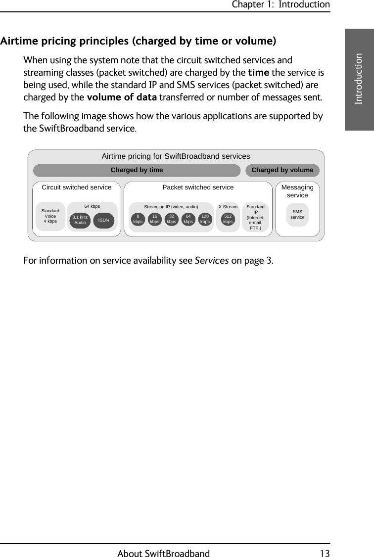 Chapter 1:  IntroductionAbout SwiftBroadband 131111IntroductionAirtime pricing principles (charged by time or volume)When using the system note that the circuit switched services and streaming classes (packet switched) are charged by the time the service is being used, while the standard IP and SMS services (packet switched) are charged by the volume of data transferred or number of messages sent.The following image shows how the various applications are supported by the SwiftBroadband service. For information on service availability see Services on page 3.Airtime pricing for SwiftBroadband servicesCircuit switched service Packet switched service Messaging serviceSMS serviceCharged by time Charged by volumeStandard Voice4 kbps64 kbps 3.1 kHz Audio ISDNStandard IP (Internet, e-mail, FTP.)Streaming IP (video, audio)128 kbps64 kbps32 kbps16 kbps8 kbpsX-Stream512 kbps