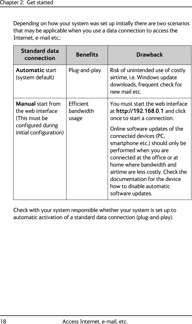 Chapter 2:  Get started18 Access Internet, e-mail, etc.Depending on how your system was set up initially there are two scenarios that may be applicable when you use a data connection to access the Internet, e-mail etc.:Check with your system responsible whether your system is set up to automatic activation of a standard data connection (plug-and-play).Standard data connection Benefits DrawbackAutomatic start (system default)Plug-and-play Risk of unintended use of costly airtime, i.e. Windows update downloads, frequent check for new mail etc.Manual start from the web interface (This must be configured during initial configuration)Efficient bandwidth usageYou must start the web interface at http://192.168.0.1 and click once to start a connection.Online software updates of the connected devices (PC, smartphone etc.) should only be performed when you are connected at the office or at home where bandwidth and airtime are less costly. Check the documentation for the device how to disable automatic software updates.