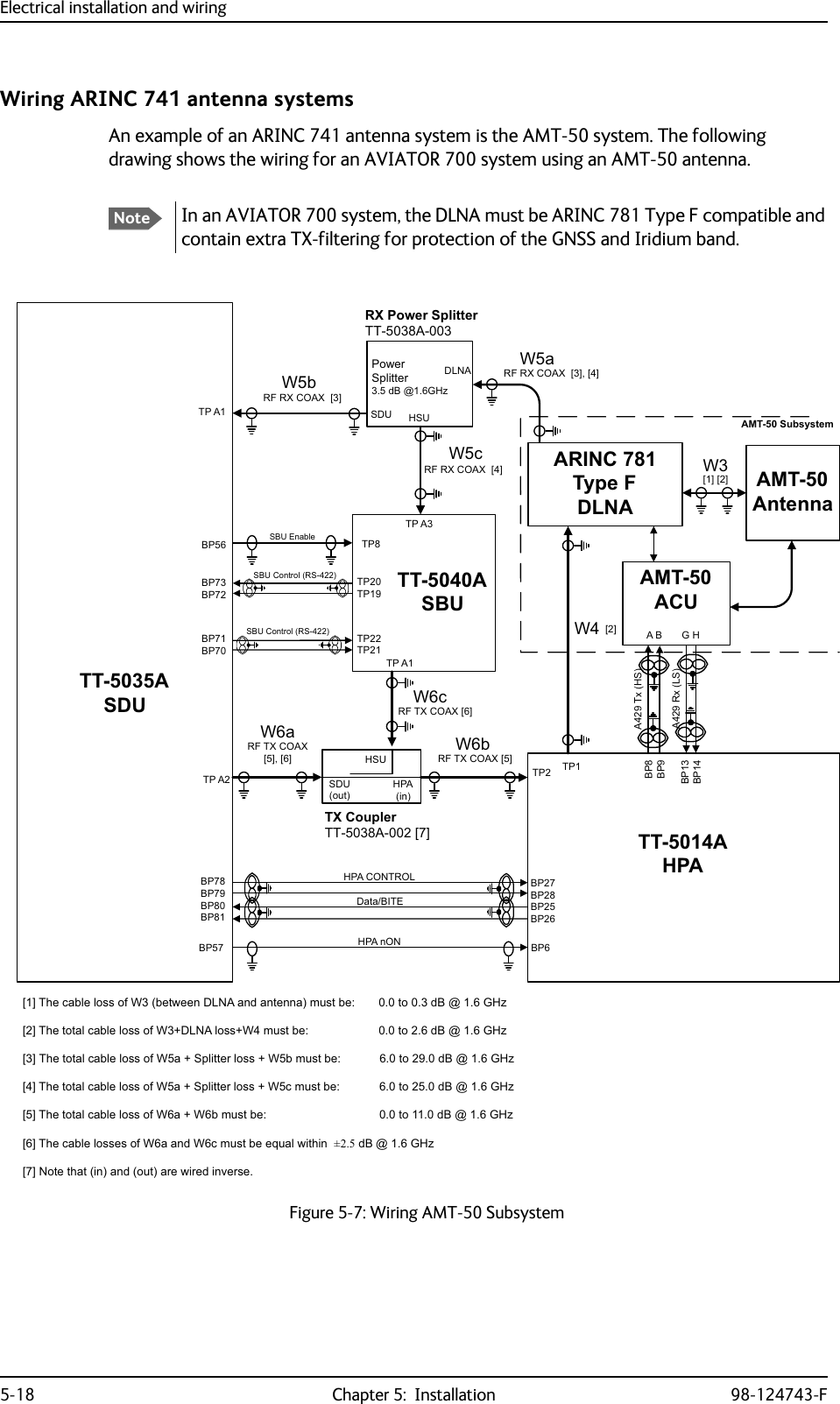 Electrical installation and wiring5-18 Chapter 5:  Installation 98-124743-FWiring ARINC 741 antenna systemsAn example of an ARINC 741 antenna system is the AMT-50 system. The following drawing shows the wiring for an AVIATOR 700 system using an AMT-50 antenna.NoteIn an AVIATOR 700 system, the DLNA must be ARINC 781 Type F compatible and contain extra TX-filtering for protection of the GNSS and Iridium band.Figure 5-7: Wiring AMT-50 Subsystem7;&amp;RXSOHU77$&gt;@77$6&apos;8$07$QWHQQD$5,1&amp;7\SH)&apos;/1$3RZHU6SOLWWHUG%#*+]+686&apos;8&apos;/1$5;3RZHU6SOLWWHU77$77$6%86%8&amp;RQWURO56%3%3%3%3%373737373736%8&amp;RQWURO566%8(QDEOH73$73$6&apos;8RXW+3$LQ+687377$+3$73%3%3%3%3+3$Q21%3 %3%3%3%3%3+3$&amp;21752/&apos;DWD%,7(73$73$5)5;&amp;2$;&gt;@&gt;@5)5;&amp;2$;&gt;@: &gt;@5)7;&amp;2$;&gt;@5)7;&amp;2$;&gt;@&gt;@ 5)7;&amp;2$;&gt;@5)5;&amp;2$;&gt;@$07$&amp;8$%*+:&gt;@&gt;@%3%3%3%3$7[+6$5[/6$076XEV\VWHP:D:E:F:F:D :E&gt;@7KHFDEOHORVVRI:EHWZHHQ&apos;/1$DQGDQWHQQDPXVWEH WRG%#*+]&gt;@7KHWRWDOFDEOHORVVRI:&apos;/1$ORVV:PXVWEH WRG%#*+]&gt;@7KHWRWDOFDEOHORVVRI:D6SOLWWHUORVV:EPXVWEH WRG%#*+]&gt;@7KHWRWDOFDEOHORVVRI:D6SOLWWHUORVV:FPXVWEH WRG%#*+]&gt;@7KHWRWDOFDEOHORVVRI:D:EPXVWEH WRG%#*+]&gt;@7KHFDEOHORVVHVRI:DDQG:FPXVWEHHTXDOZLWKLQG%#*+]&gt;@1RWHWKDWLQDQGRXWDUHZLUHGLQYHUVH