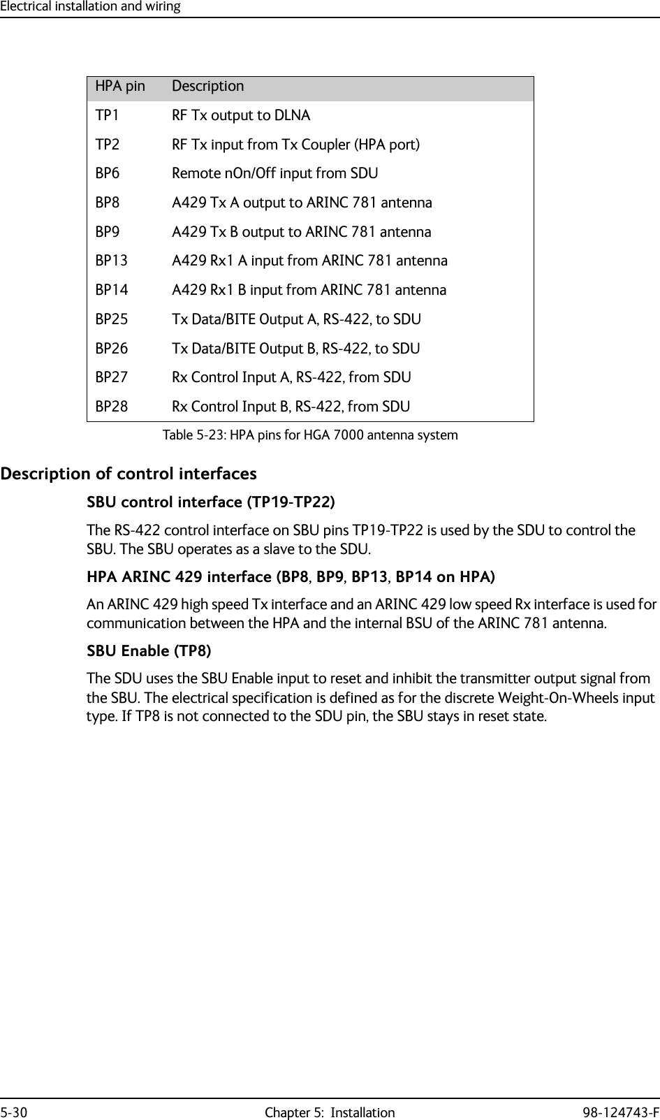 Electrical installation and wiring5-30 Chapter 5:  Installation 98-124743-FDescription of control interfacesSBU control interface (TP19-TP22)The RS-422 control interface on SBU pins TP19-TP22 is used by the SDU to control the SBU. The SBU operates as a slave to the SDU. HPA ARINC 429 interface (BP8, BP9, BP13, BP14 on HPA)An ARINC 429 high speed Tx interface and an ARINC 429 low speed Rx interface is used for communication between the HPA and the internal BSU of the ARINC 781 antenna.SBU Enable (TP8)The SDU uses the SBU Enable input to reset and inhibit the transmitter output signal from the SBU. The electrical specification is defined as for the discrete Weight-On-Wheels input type. If TP8 is not connected to the SDU pin, the SBU stays in reset state.HPA pin DescriptionTP1 RF Tx output to DLNATP2 RF Tx input from Tx Coupler (HPA port)BP6 Remote nOn/Off input from SDUBP8 A429 Tx A output to ARINC 781 antennaBP9 A429 Tx B output to ARINC 781 antennaBP13 A429 Rx1 A input from ARINC 781 antennaBP14 A429 Rx1 B input from ARINC 781 antennaBP25 Tx Data/BITE Output A, RS-422, to SDUBP26 Tx Data/BITE Output B, RS-422, to SDUBP27 Rx Control Input A, RS-422, from SDUBP28 Rx Control Input B, RS-422, from SDUTable 5-23: HPA pins for HGA 7000 antenna system