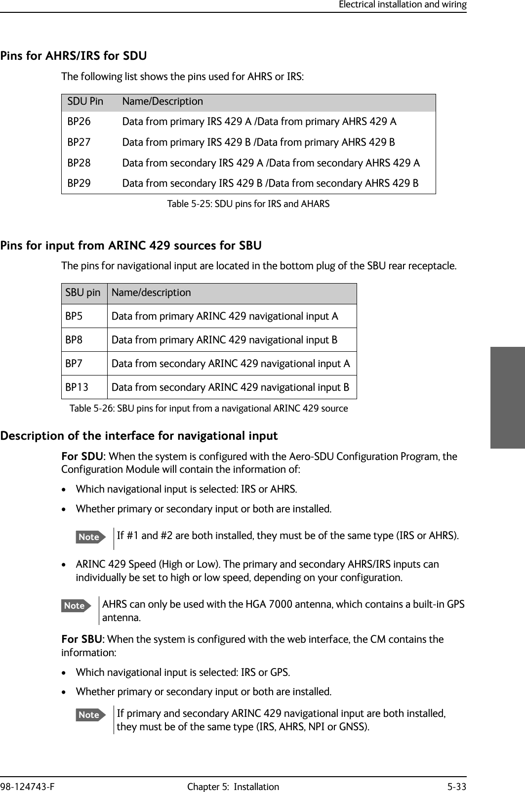 Electrical installation and wiring98-124743-F Chapter 5:  Installation 5-33Pins for AHRS/IRS for SDUThe following list shows the pins used for AHRS or IRS:Pins for input from ARINC 429 sources for SBUThe pins for navigational input are located in the bottom plug of the SBU rear receptacle.Description of the interface for navigational inputFor SDU: When the system is configured with the Aero-SDU Configuration Program, the Configuration Module will contain the information of:• Which navigational input is selected: IRS or AHRS.• Whether primary or secondary input or both are installed.•ARINC 429 Speed (High or Low). The primary and secondary AHRS/IRS inputs can individually be set to high or low speed, depending on your configuration.For SBU: When the system is configured with the web interface, the CM contains the information:• Which navigational input is selected: IRS or GPS.• Whether primary or secondary input or both are installed.If primary and secondary ARINC 429 navigational input are both installed, they must be of the same type (IRS, AHRS, NPI or GNSS).SDU Pin Name/DescriptionBP26 Data from primary IRS 429 A /Data from primary AHRS 429 ABP27 Data from primary IRS 429 B /Data from primary AHRS 429 BBP28 Data from secondary IRS 429 A /Data from secondary AHRS 429 ABP29 Data from secondary IRS 429 B /Data from secondary AHRS 429 BTable 5-25: SDU pins for IRS and AHARSSBU pin Name/descriptionBP5 Data from primary ARINC 429 navigational input ABP8 Data from primary ARINC 429 navigational input BBP7 Data from secondary ARINC 429 navigational input ABP13 Data from secondary ARINC 429 navigational input BTable 5-26: SBU pins for input from a navigational ARINC 429 sourceNoteIf #1 and #2 are both installed, they must be of the same type (IRS or AHRS).NoteAHRS can only be used with the HGA 7000 antenna, which contains a built-in GPS antenna.Note