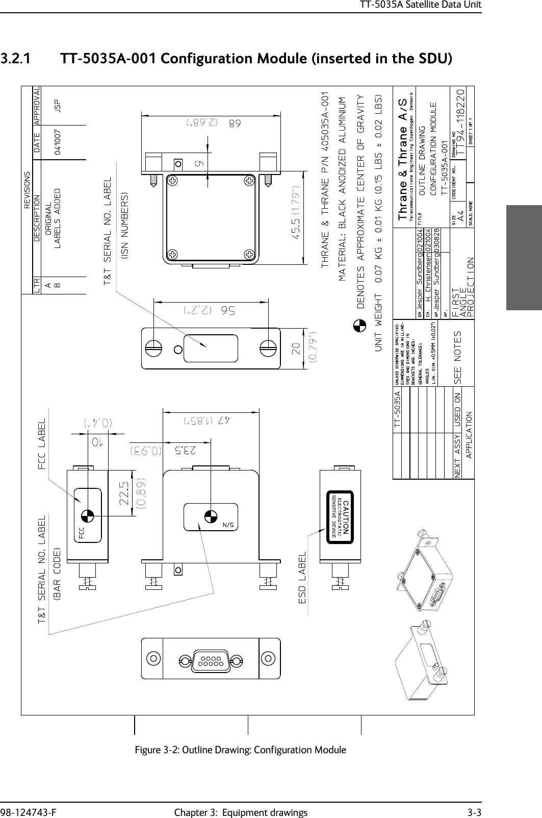 TT-5035A Satellite Data Unit98-124743-F Chapter 3:  Equipment drawings 3-33.2.1 TT-5035A-001 Configuration Module (inserted in the SDU)Figure 3-2: Outline Drawing: Configuration Module