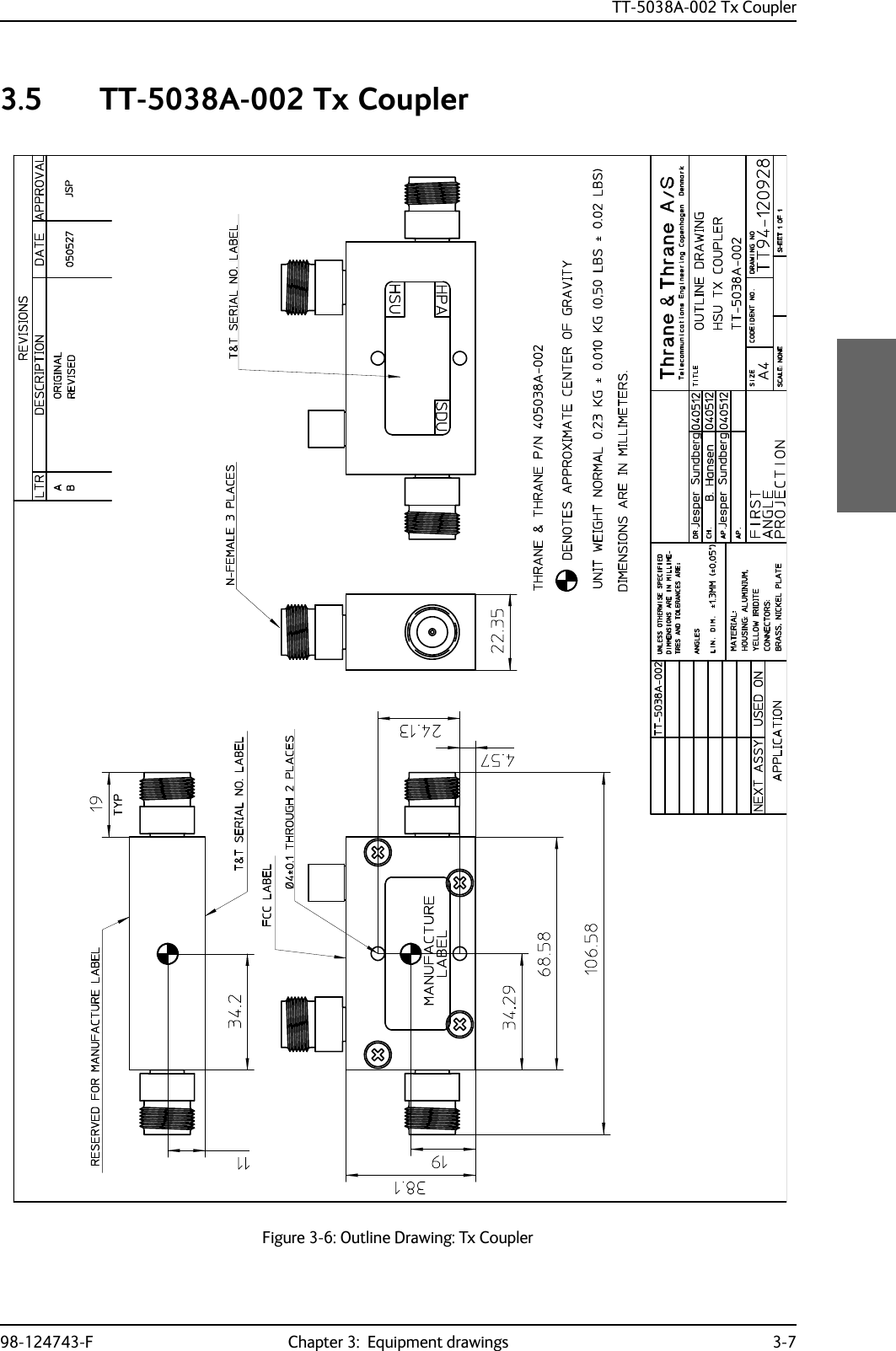 TT-5038A-002 Tx Coupler98-124743-F Chapter 3:  Equipment drawings 3-73.5 TT-5038A-002 Tx CouplerFigure 3-6: Outline Drawing: Tx Coupler