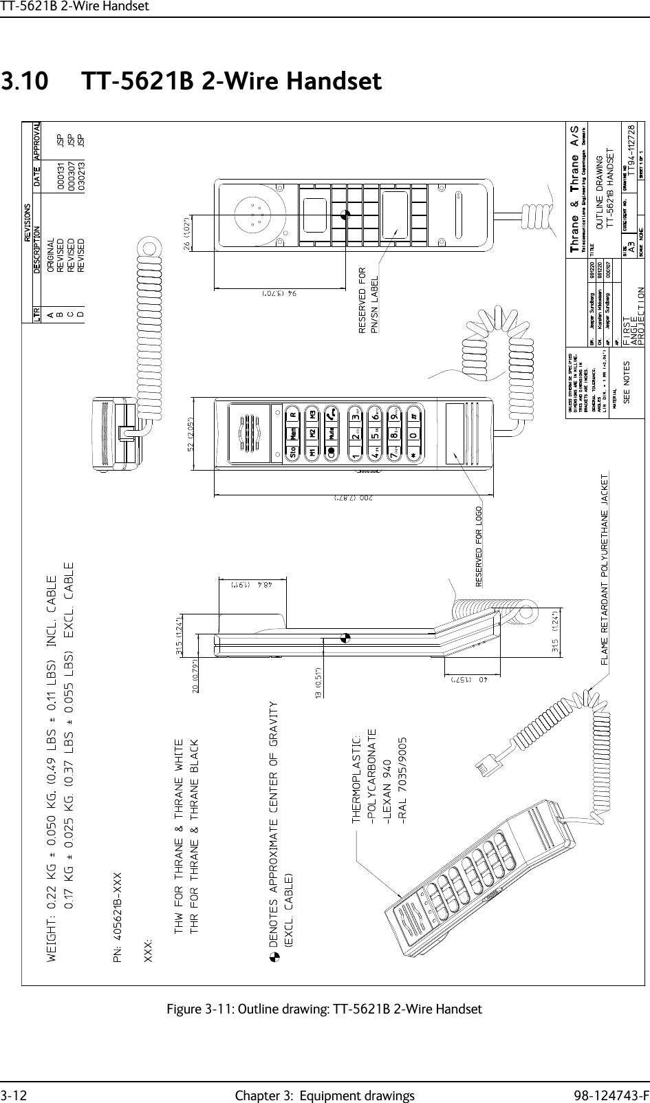 TT-5621B 2-Wire Handset3-12 Chapter 3:  Equipment drawings 98-124743-F3.10 TT-5621B 2-Wire HandsetFigure 3-11: Outline drawing: TT-5621B 2-Wire Handset