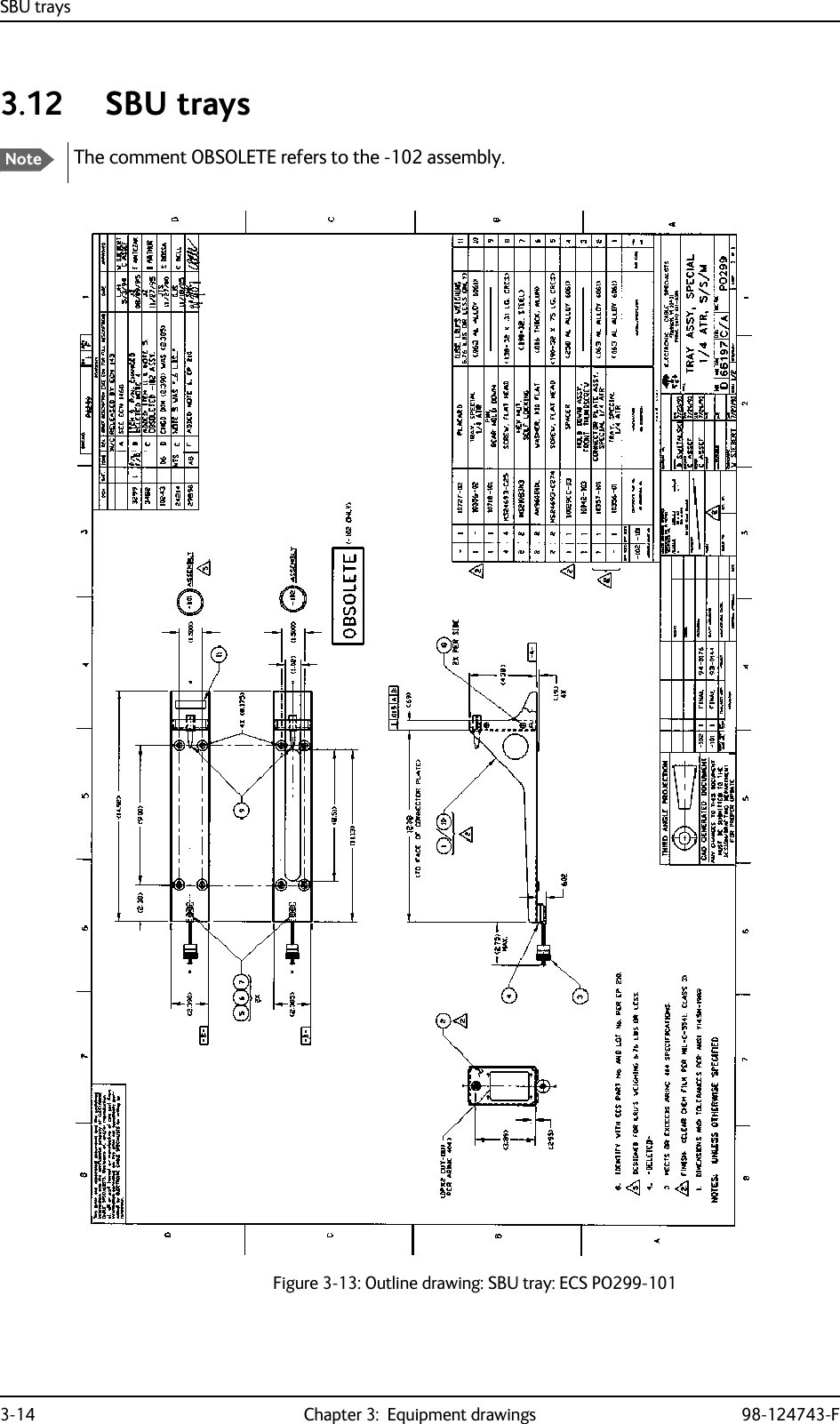 SBU trays3-14 Chapter 3:  Equipment drawings 98-124743-F3.12 SBU traysThe comment OBSOLETE refers to the -102 assembly.Figure 3-13: Outline drawing: SBU tray: ECS PO299-101Note