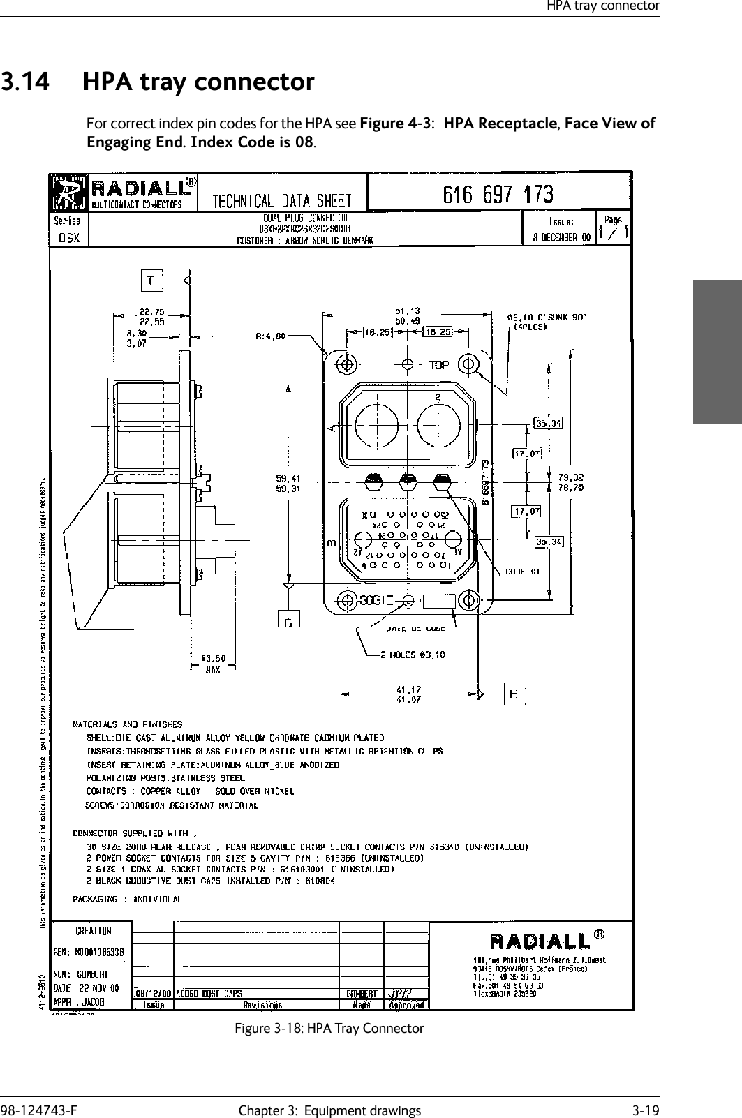 HPA tray connector98-124743-F Chapter 3:  Equipment drawings 3-193.14 HPA tray connectorFor correct index pin codes for the HPA see Figure 4-3:  HPA Receptacle, Face View of Engaging End. Index Code is 08.Figure 3-18: HPA Tray Connector