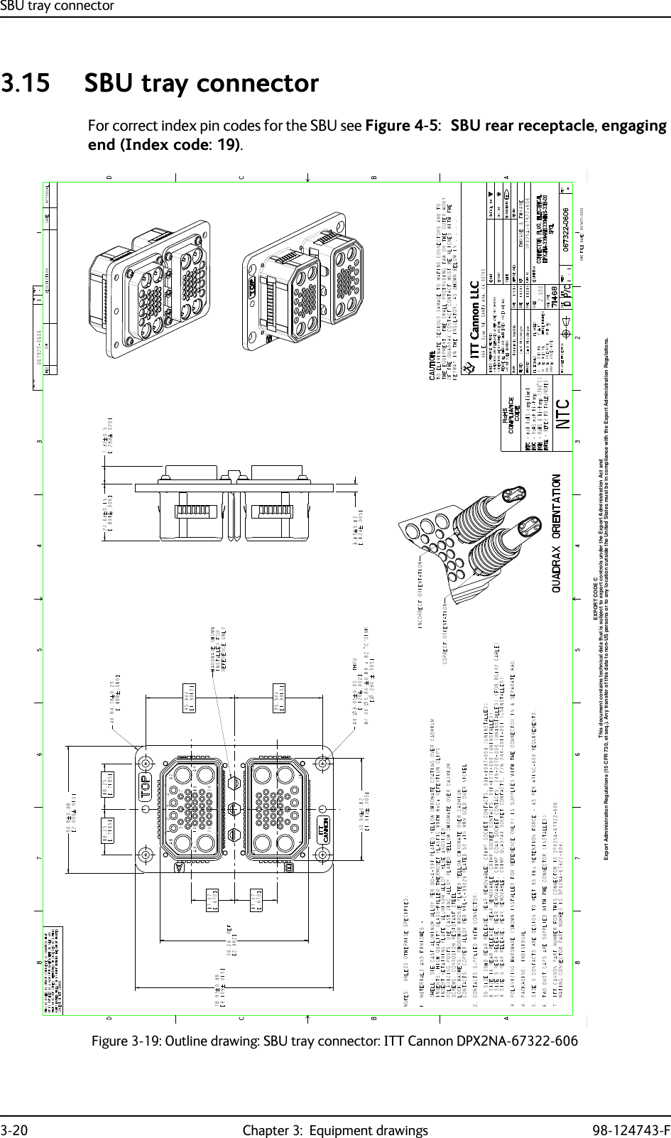 SBU tray connector3-20 Chapter 3:  Equipment drawings 98-124743-F3.15 SBU tray connectorFor correct index pin codes for the SBU see Figure 4-5:  SBU rear receptacle, engaging end (Index code: 19).Figure 3-19: Outline drawing: SBU tray connector: ITT Cannon DPX2NA-67322-606Export Administration Regulations (15 CFR 730, et seq.). Any transfer of this data to non-US persons or to any location outside the United States must be in compliance with the Export Administration Regulations.This document contains technical data that is subject to export controls under the Export Administration Act andEXPORT CODE C