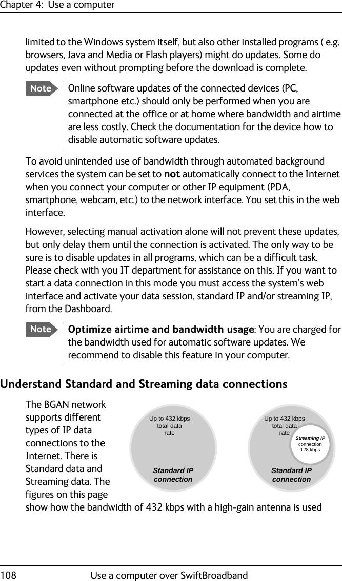 Chapter 4:  Use a computer108 Use a computer over SwiftBroadbandlimited to the Windows system itself, but also other installed programs ( e.g. browsers, Java and Media or Flash players) might do updates. Some do updates even without prompting before the download is complete. To avoid unintended use of bandwidth through automated background services the system can be set to not automatically connect to the Internet when you connect your computer or other IP equipment (PDA, smartphone, webcam, etc.) to the network interface. You set this in the web interface.However, selecting manual activation alone will not prevent these updates, but only delay them until the connection is activated. The only way to be sure is to disable updates in all programs, which can be a difficult task. Please check with you IT department for assistance on this. If you want to start a data connection in this mode you must access the system’s web interface and activate your data session, standard IP and/or streaming IP, from the Dashboard.Understand Standard and Streaming data connectionsThe BGAN network supports different types of IP data connections to the Internet. There is Standard data and Streaming data. The figures on this page show how the bandwidth of 432 kbps with a high-gain antenna is used NoteOnline software updates of the connected devices (PC, smartphone etc.) should only be performed when you are connected at the office or at home where bandwidth and airtime are less costly. Check the documentation for the device how to disable automatic software updates.NoteOptimize airtime and bandwidth usage: You are charged for the bandwidth used for automatic software updates. We recommend to disable this feature in your computer.Standard IP connection Standard IP connectionStreaming IP connection 128 kbpsUp to 432 kbps total data rateUp to 432 kbps total data rate