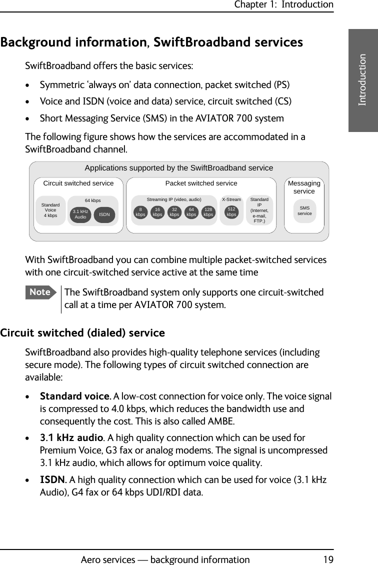 Chapter 1:  IntroductionAero services — background information 191111IntroductionBackground information, SwiftBroadband servicesSwiftBroadband offers the basic services:• Symmetric ‘always on’ data connection, packet switched (PS)• Voice and ISDN (voice and data) service, circuit switched (CS)• Short Messaging Service (SMS) in the AVIATOR 700 systemThe following figure shows how the services are accommodated in a SwiftBroadband channel.With SwiftBroadband you can combine multiple packet-switched services with one circuit-switched service active at the same timeCircuit switched (dialed) serviceSwiftBroadband also provides high-quality telephone services (including secure mode). The following types of circuit switched connection are available:•Standard voice. A low-cost connection for voice only. The voice signal is compressed to 4.0 kbps, which reduces the bandwidth use and consequently the cost. This is also called AMBE.•3.1 kHz audio. A high quality connection which can be used for Premium Voice, G3 fax or analog modems. The signal is uncompressed 3.1 kHz audio, which allows for optimum voice quality.•ISDN. A high quality connection which can be used for voice (3.1 kHz Audio), G4 fax or 64 kbps UDI/RDI data.NoteThe SwiftBroadband system only supports one circuit-switched call at a time per AVIATOR 700 system.Applications supported by the SwiftBroadband serviceCircuit switched serviceStandard Voice 4 kbpsPacket switched service64 kbps 3.1 kHz Audio ISDNMessaging serviceSMS serviceStandard IP (Internet, e-mail, FTP.)Streaming IP (video, audio)128 kbps64 kbps32 kbps16 kbps8 kbpsX-Stream512 kbps